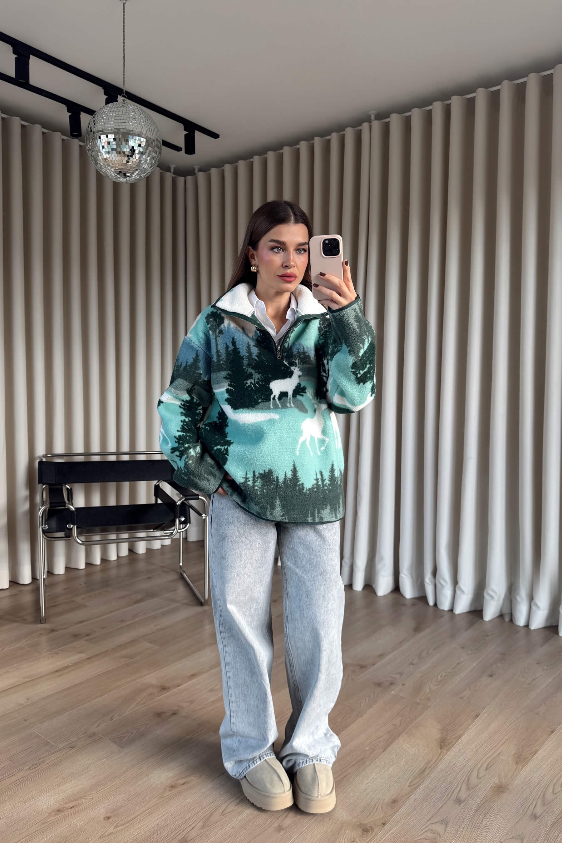 Mint Yarım Fermuarlı Oversize Peluş Sweatshirt