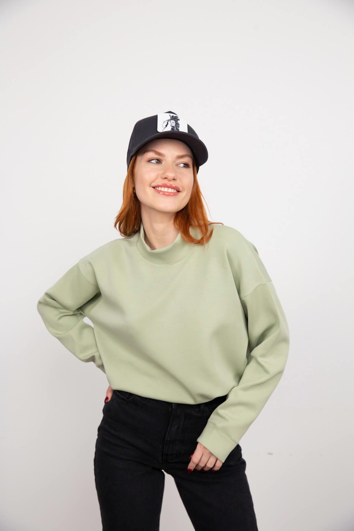 Mint Yeşili Yarım Balıkçı Pamuklu Sweatshirt