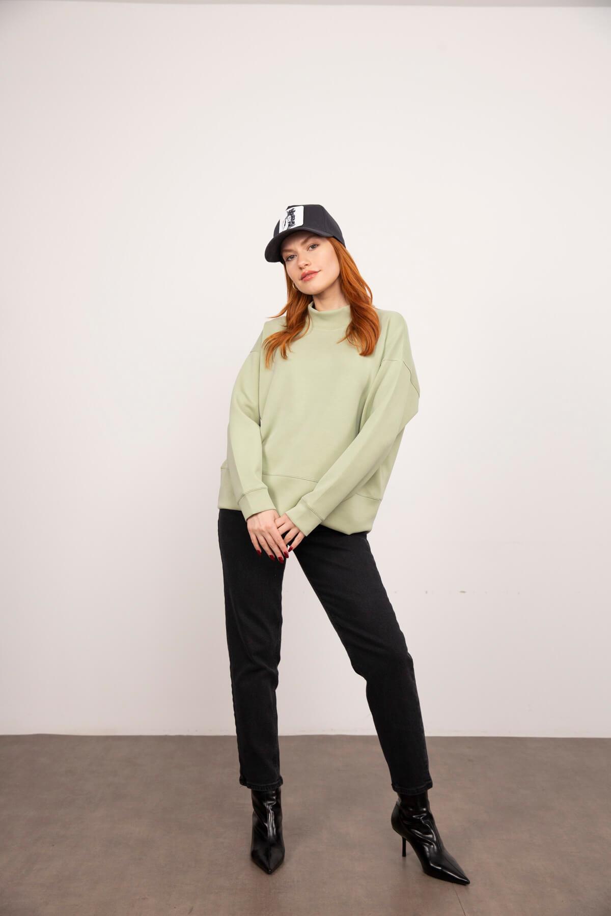 Mint Yeşili Yarım Balıkçı Pamuklu Sweatshirt