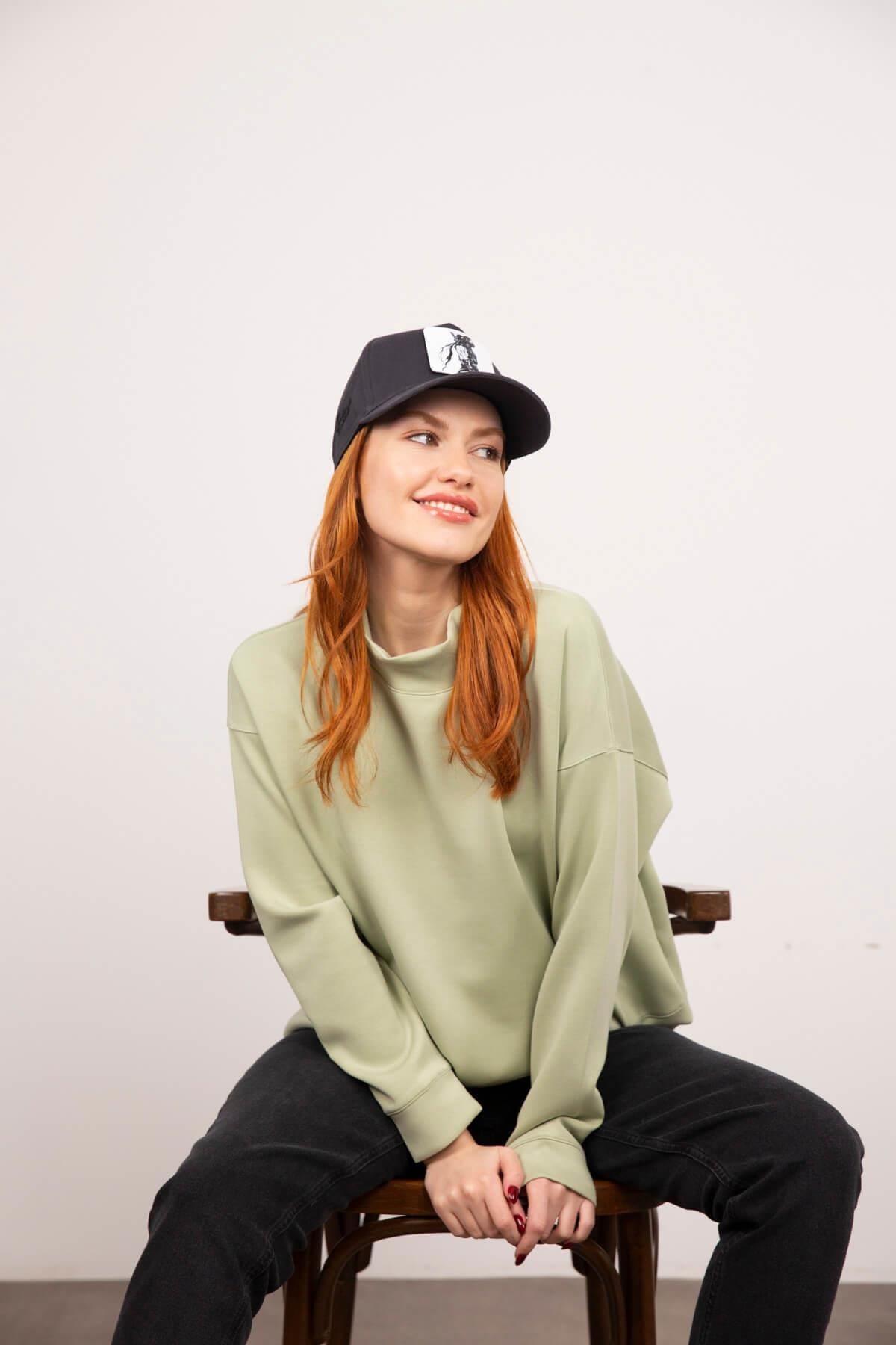 Mint Yeşili Yarım Balıkçı Pamuklu Sweatshirt