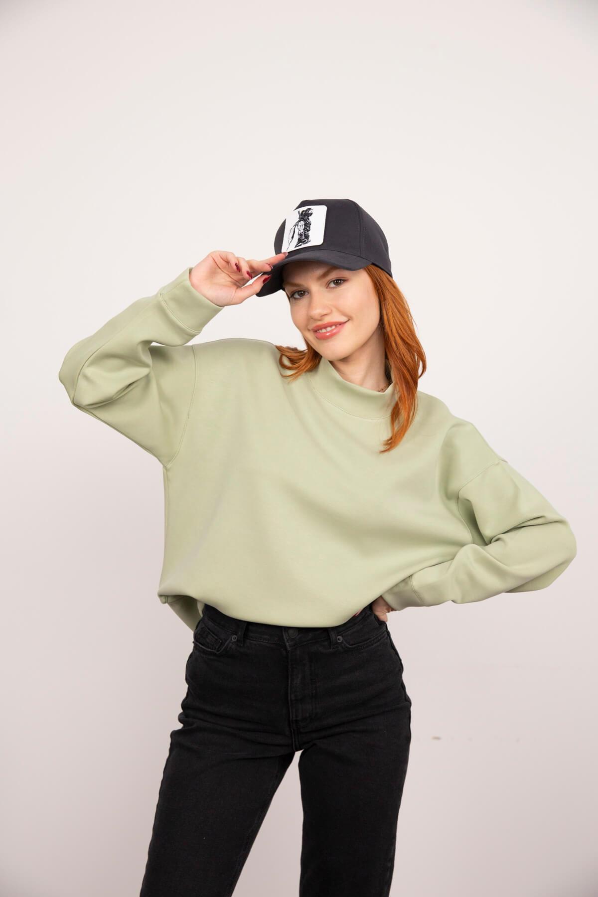 Mint Yeşili Yarım Balıkçı Pamuklu Sweatshirt