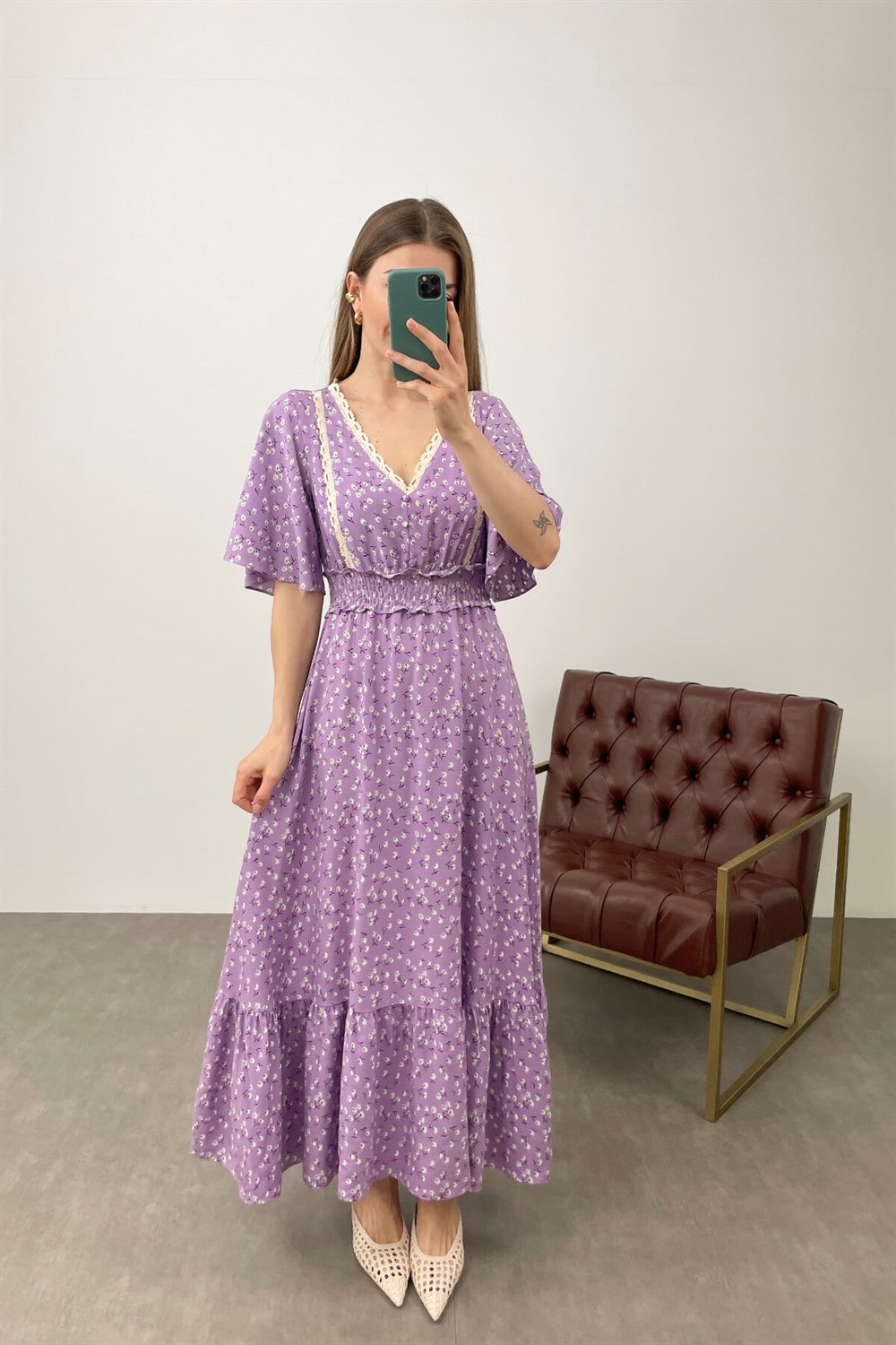 Mor Beli Lastikli Dantel Detay Elbise