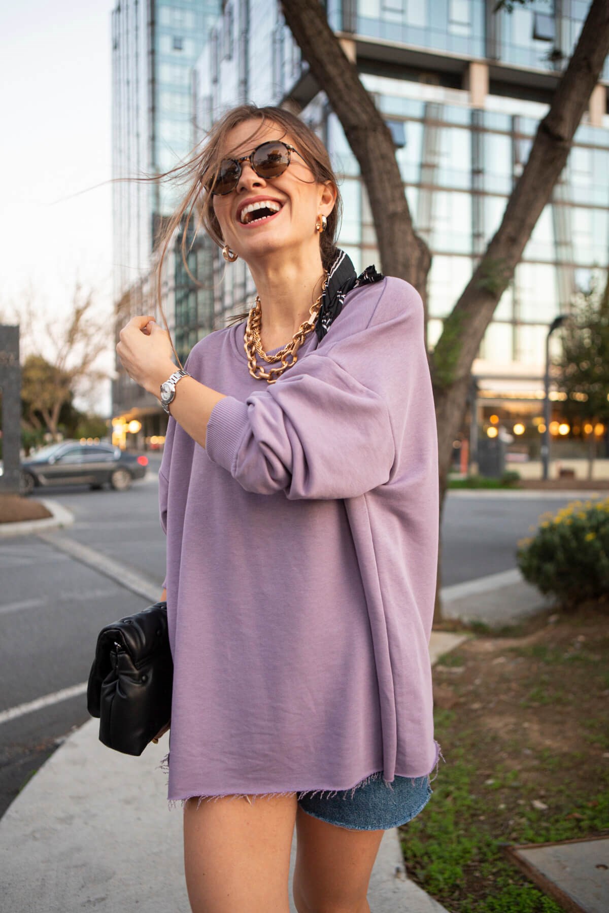 Mor Dikişsiz Bisiklet Yaka Sweatshirt