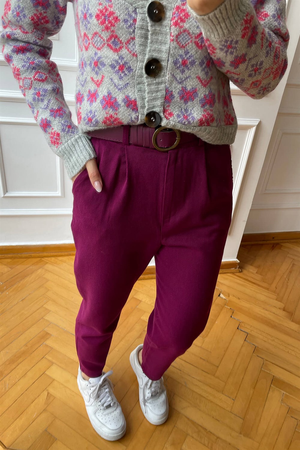 Mor Kemerli Yüksek Bel Gabardin Pantolon