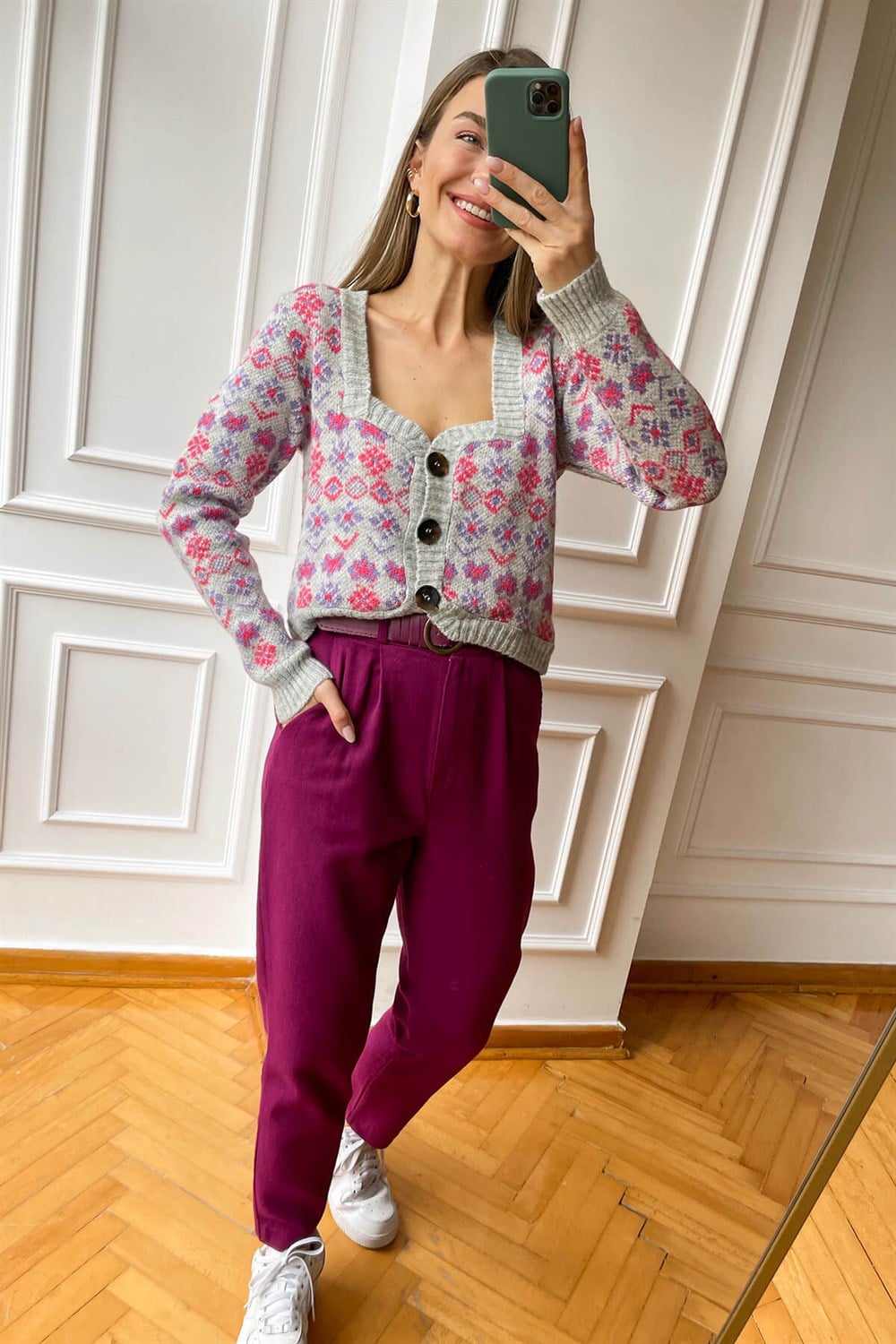 Mor Kemerli Yüksek Bel Gabardin Pantolon