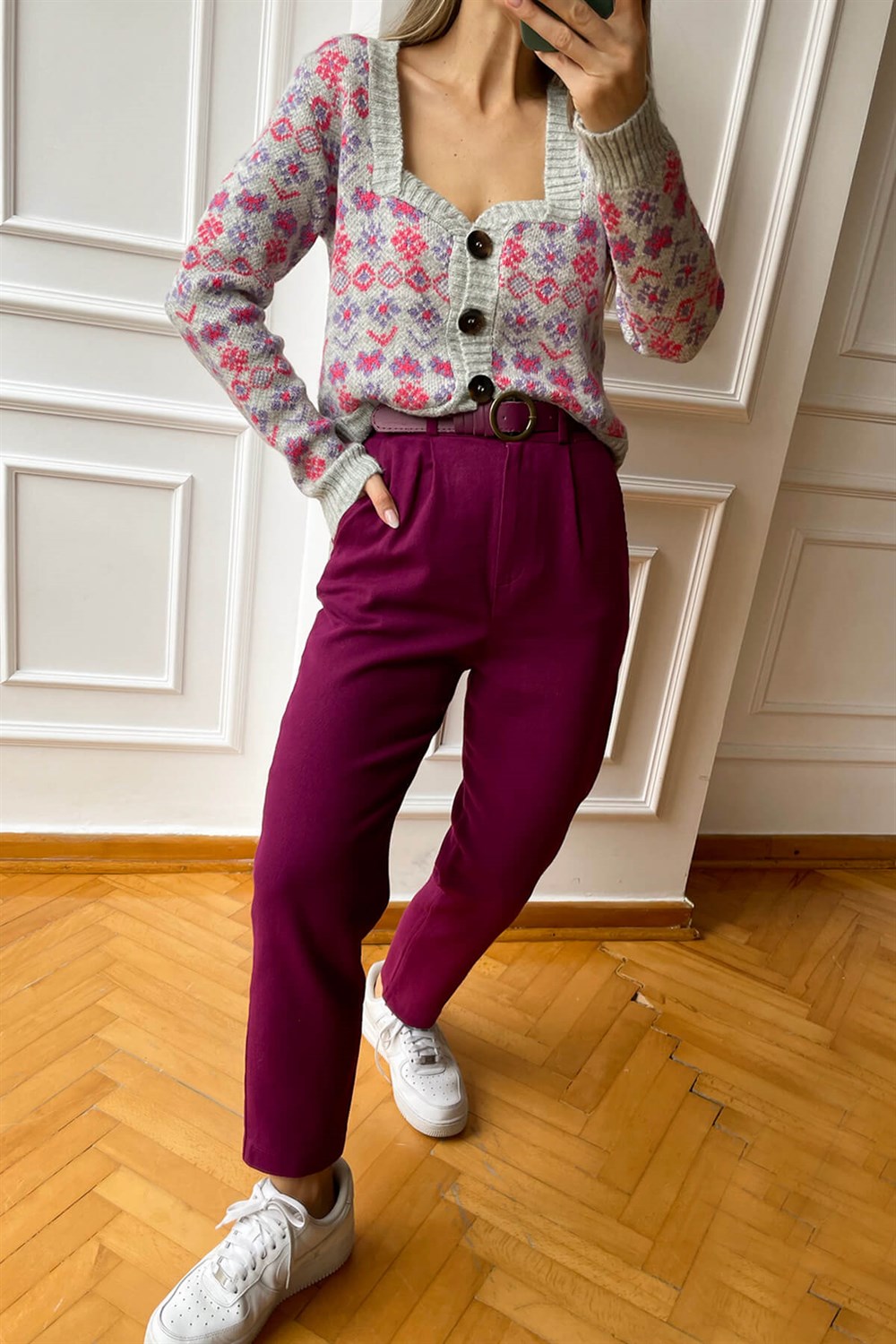 Mor Kemerli Yüksek Bel Gabardin Pantolon