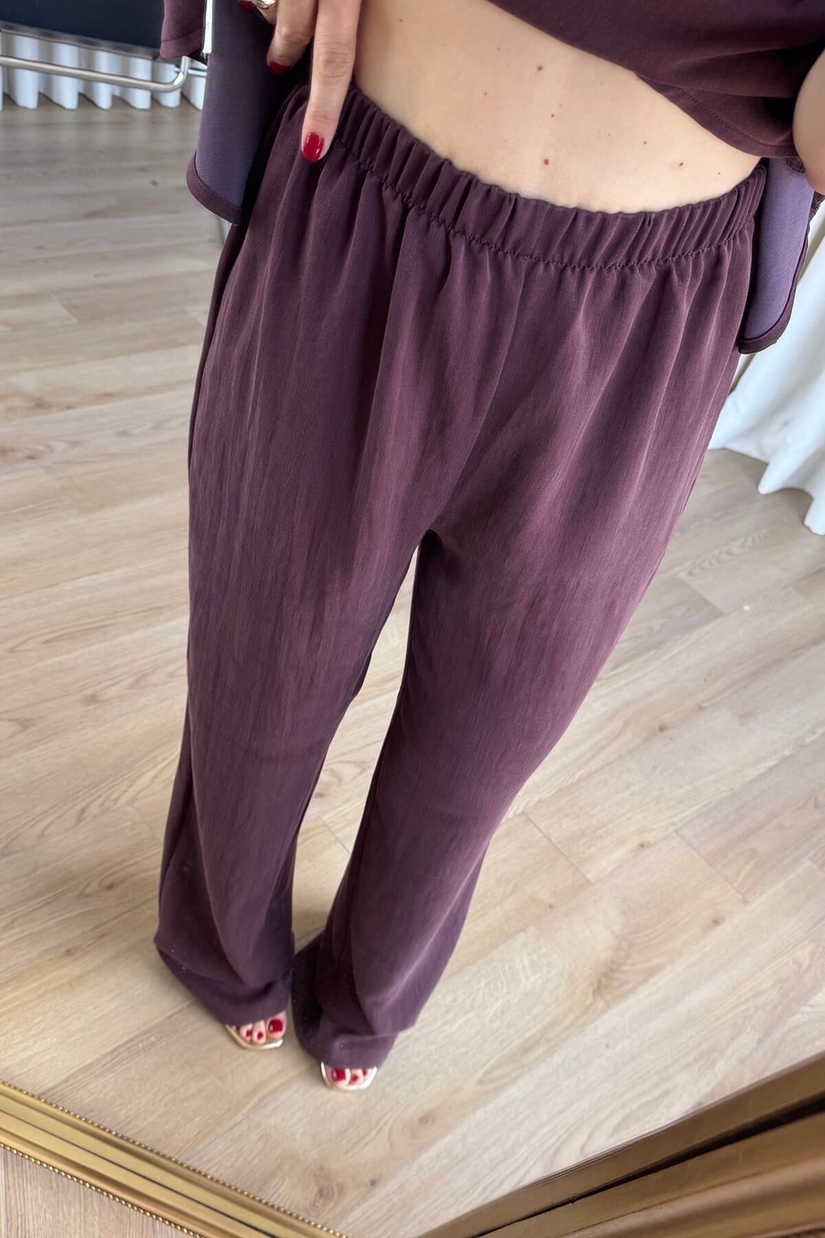 Mürdüm Askılı Volanlı Bluz Pantolon Takım