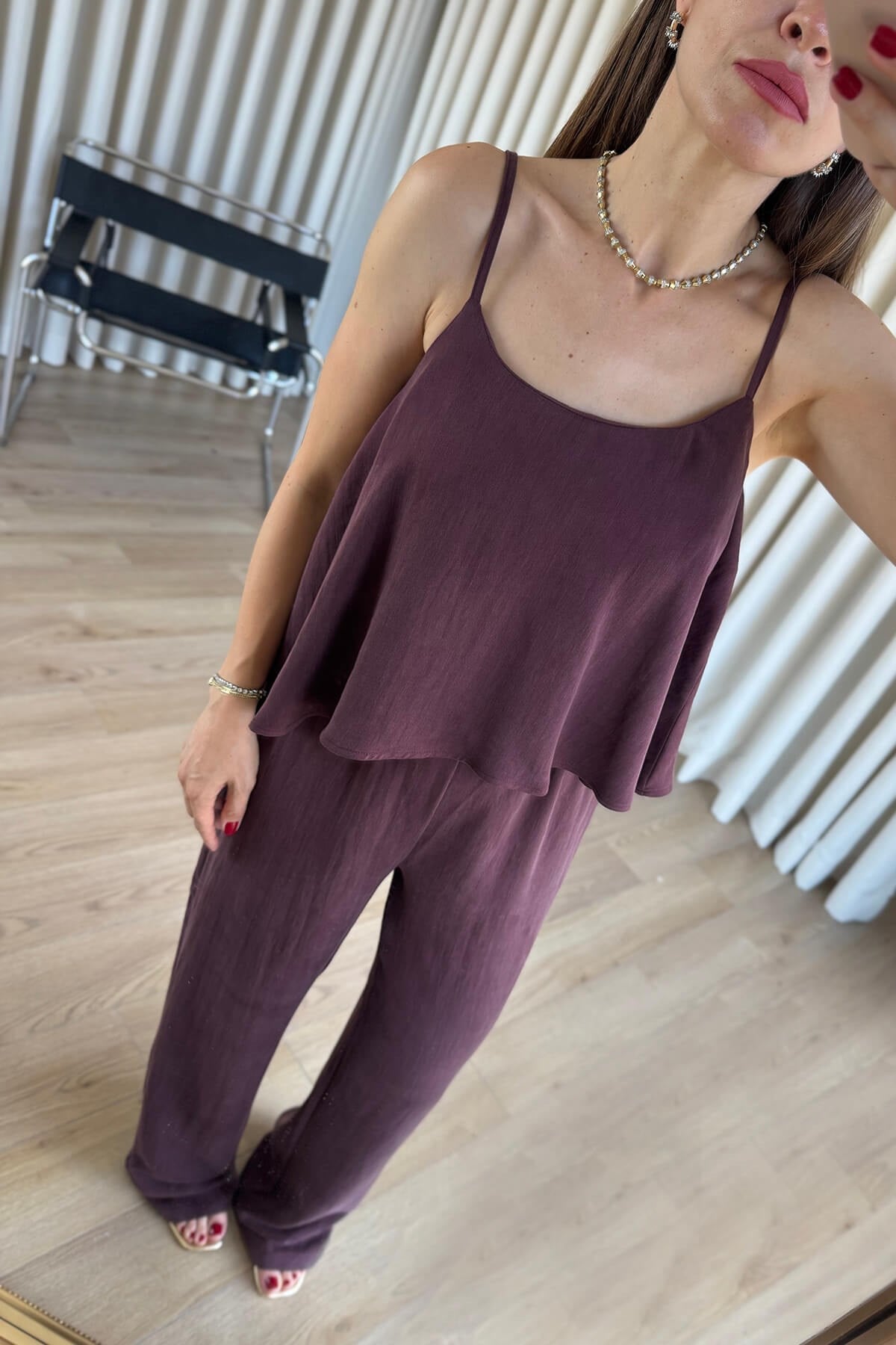 Mürdüm Askılı Volanlı Bluz Pantolon Takım