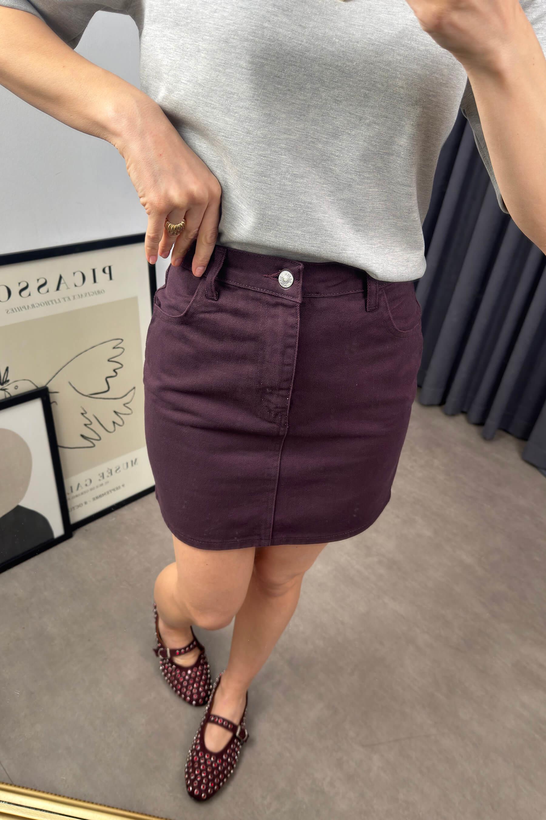 Mürdüm Cepli Gabardin Mini Kot Etek