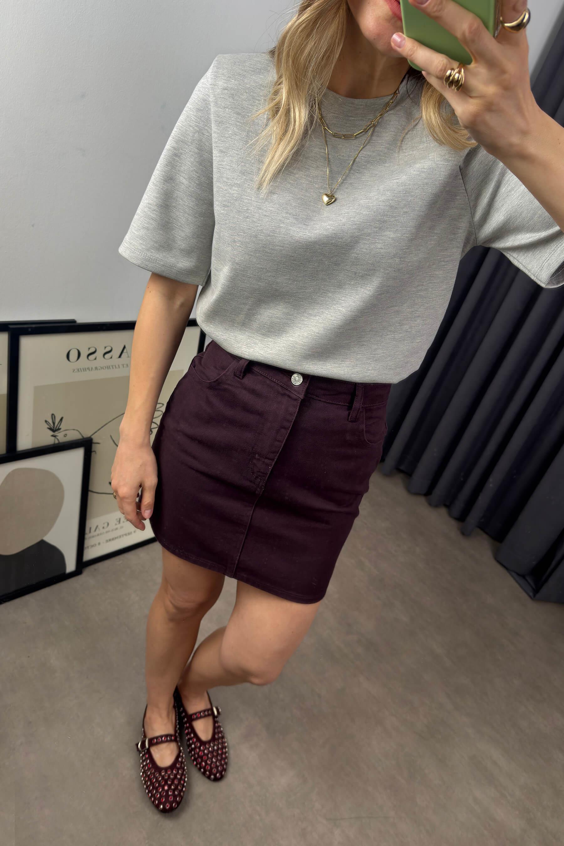 Mürdüm Cepli Gabardin Mini Kot Etek