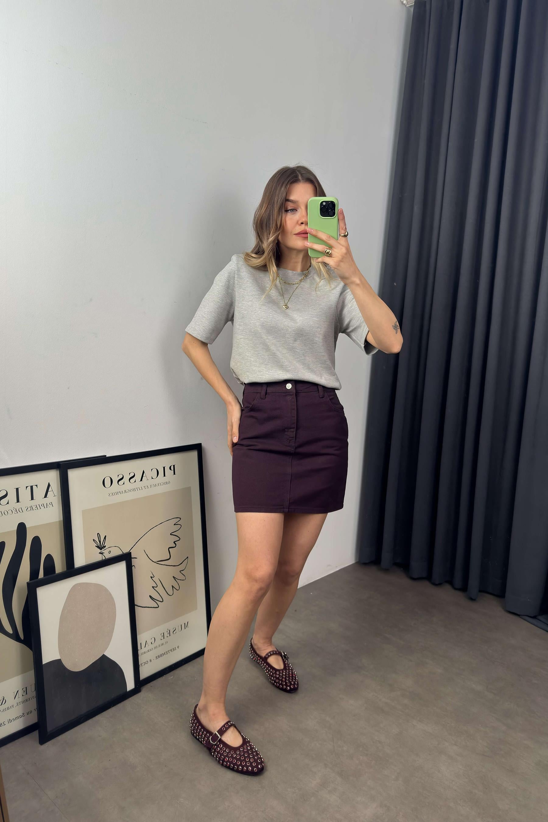 Mürdüm Cepli Gabardin Mini Kot Etek