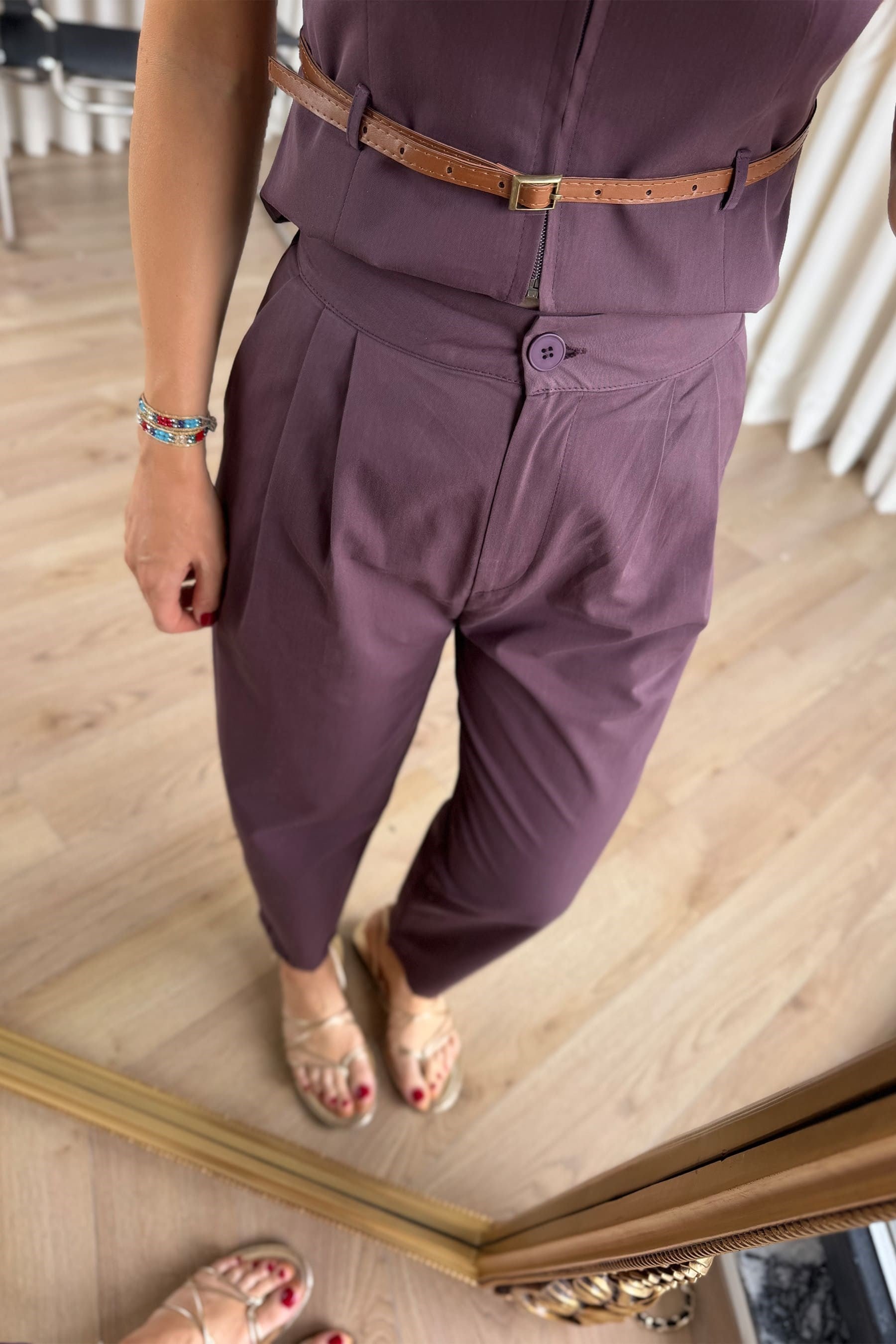 Mürdüm Fermuarlı Kemerli Yelek Pantolon Takım
