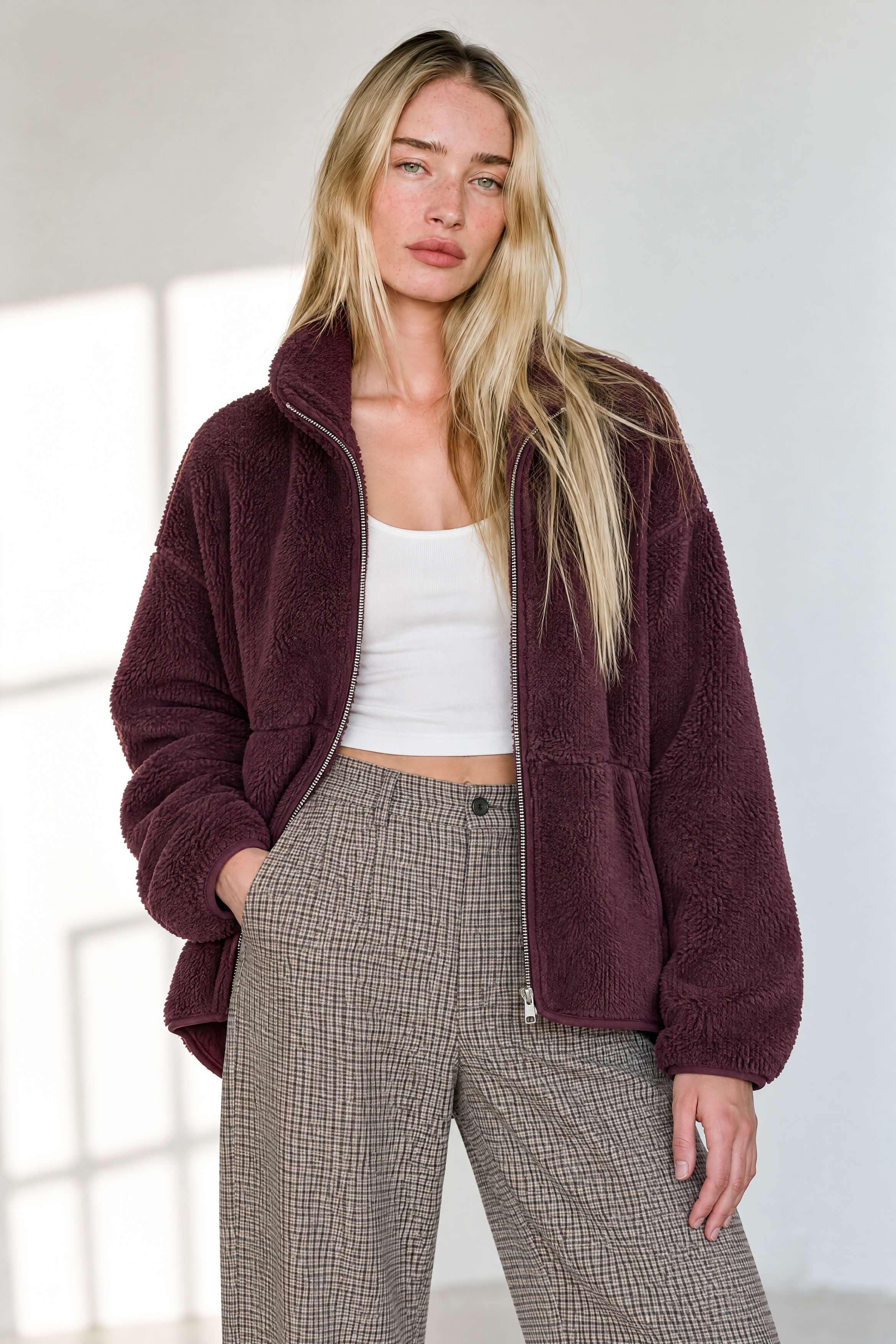 Mürdüm Fermuarlı Oversize Peluş Sweatshirt