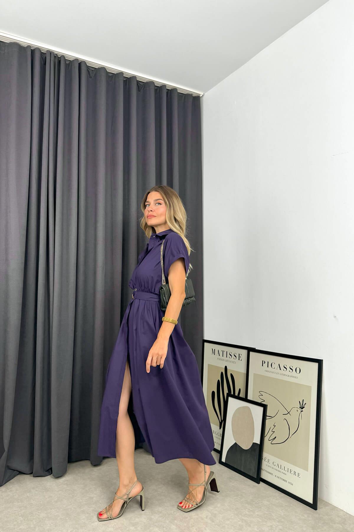 Mürdüm Kemerli Gömlek Elbise