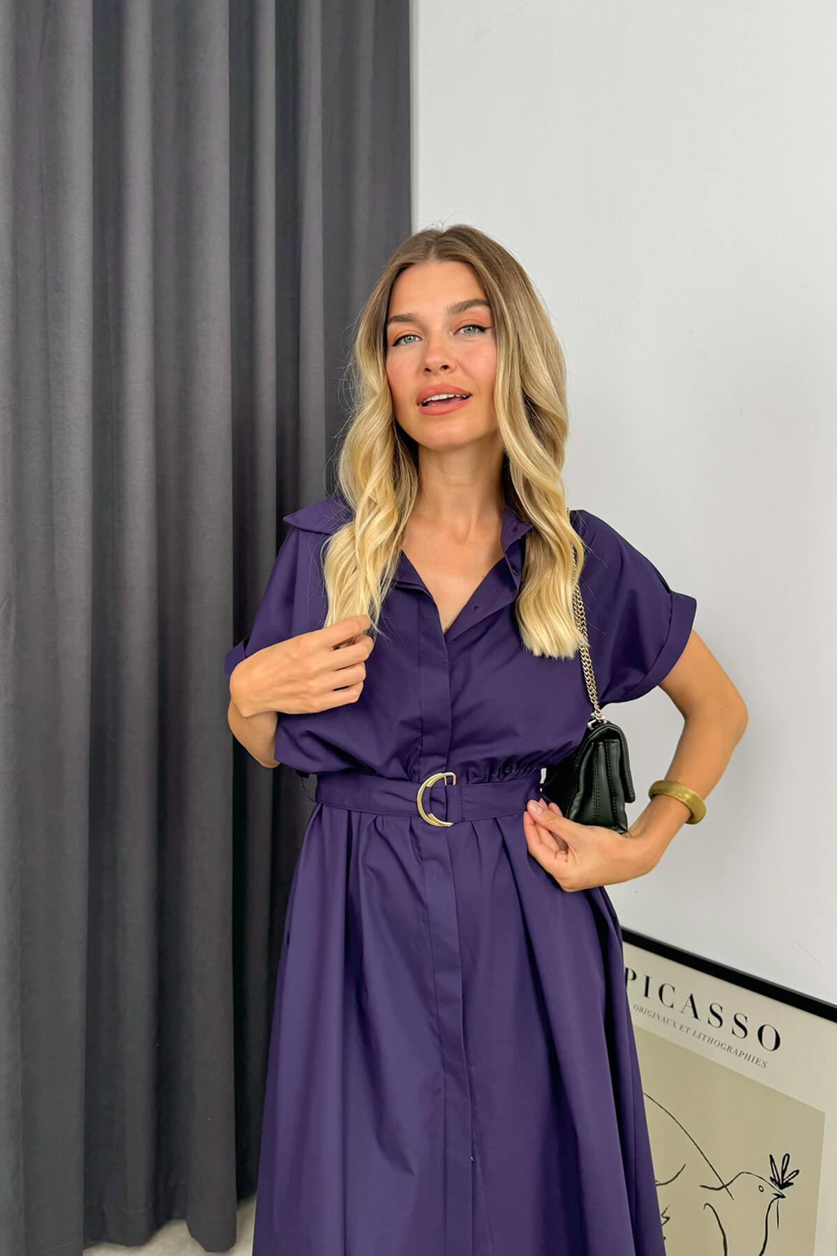 Mürdüm Kemerli Gömlek Elbise