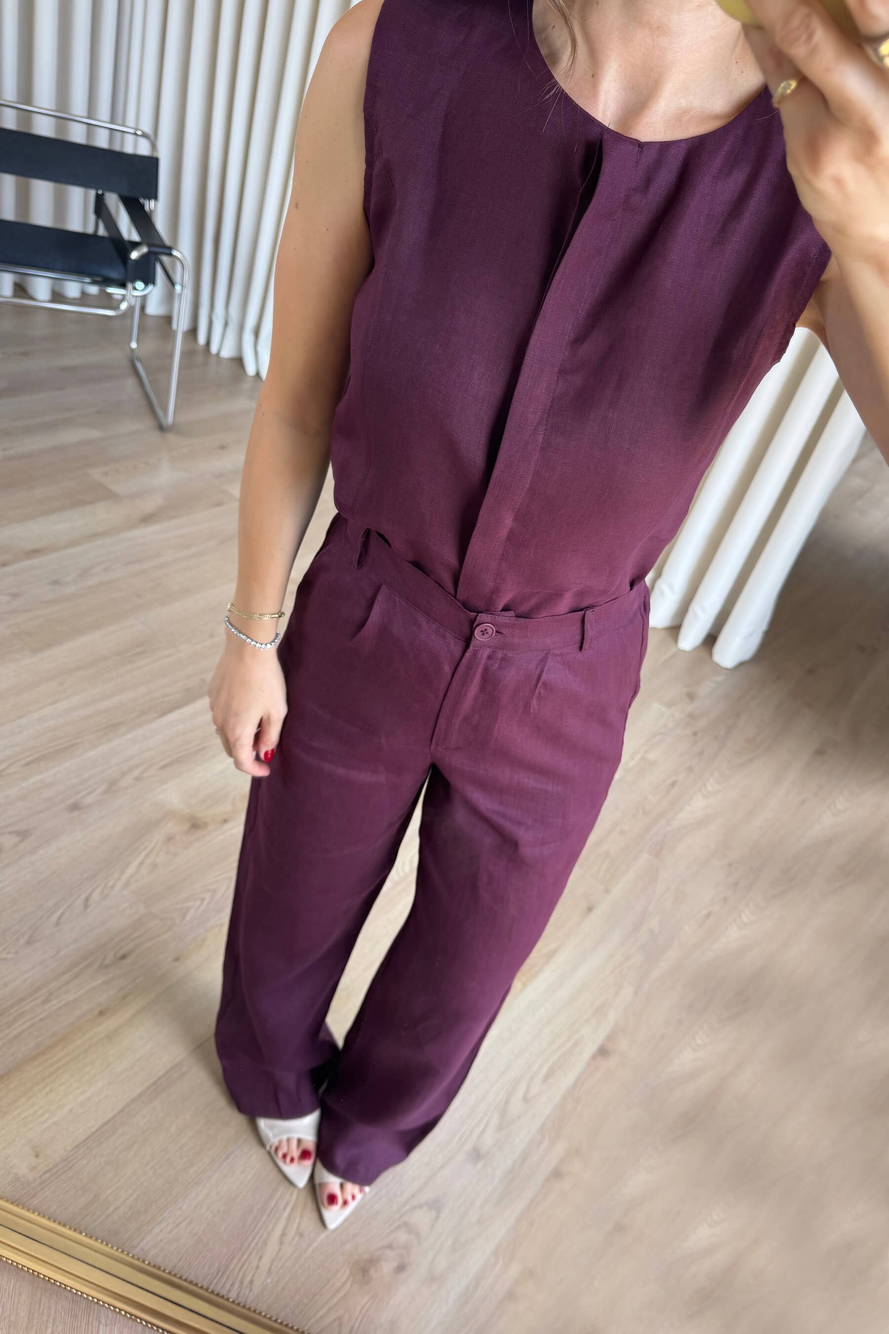 Mürdüm  Kolsuz Bluz Pantolon Keten Takım