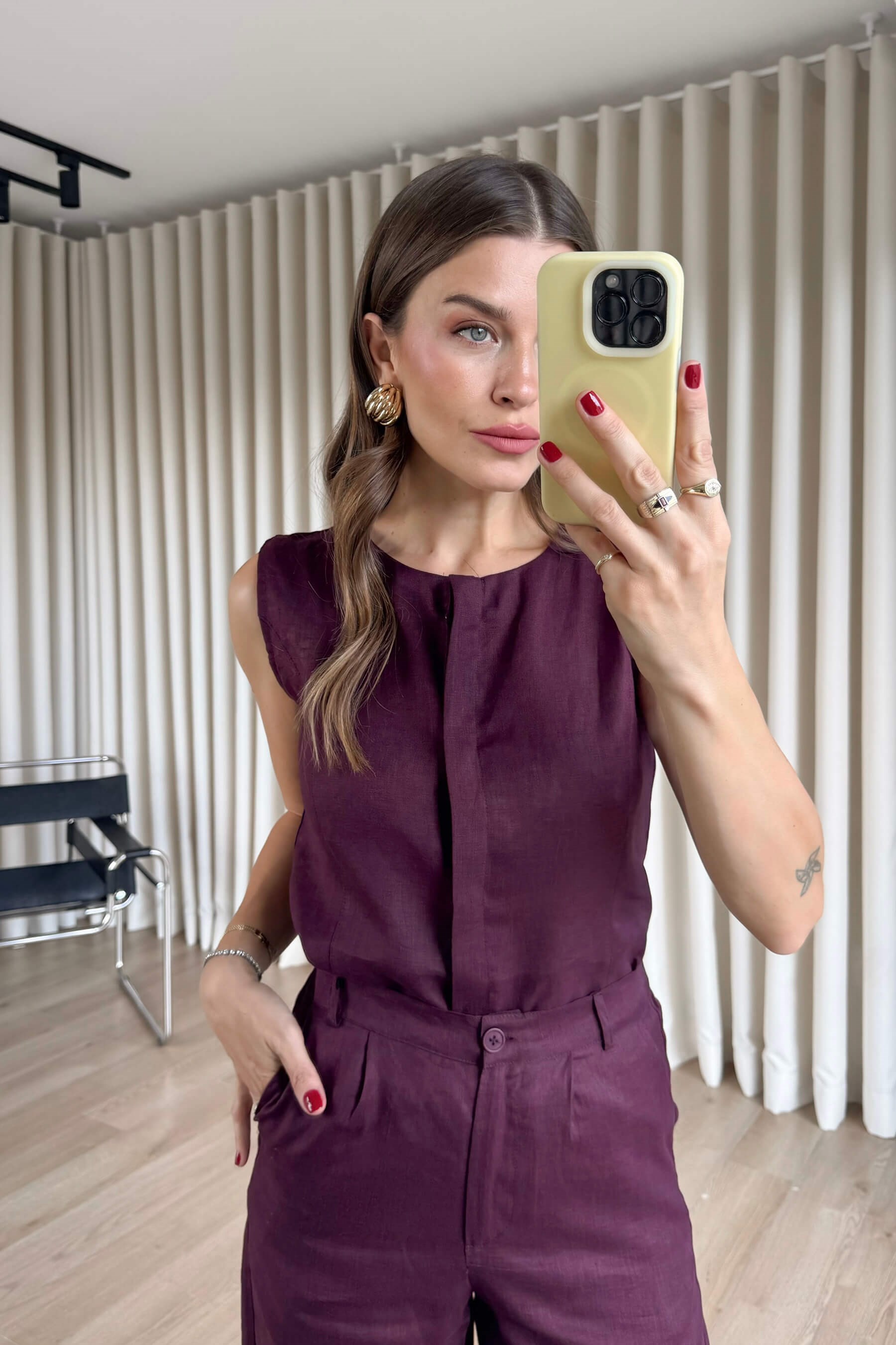 Mürdüm  Kolsuz Bluz Pantolon Keten Takım