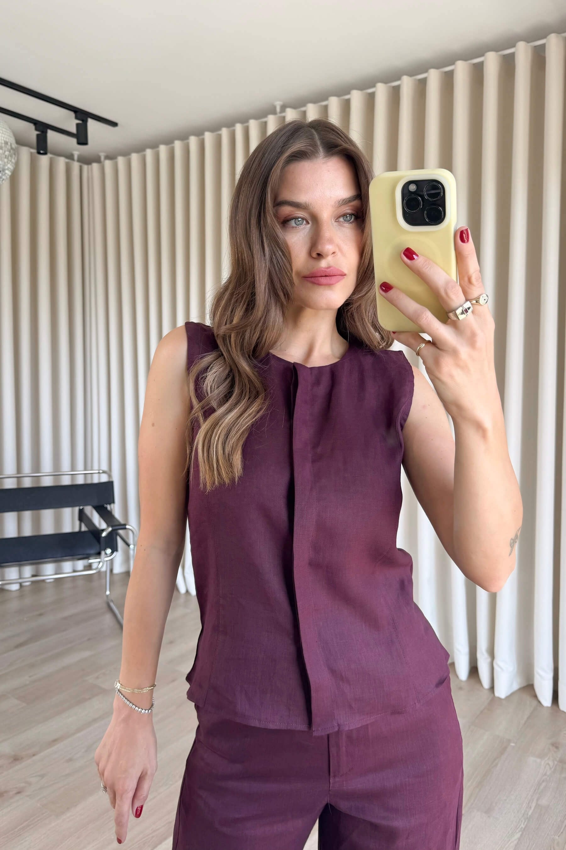 Mürdüm  Kolsuz Bluz Pantolon Keten Takım
