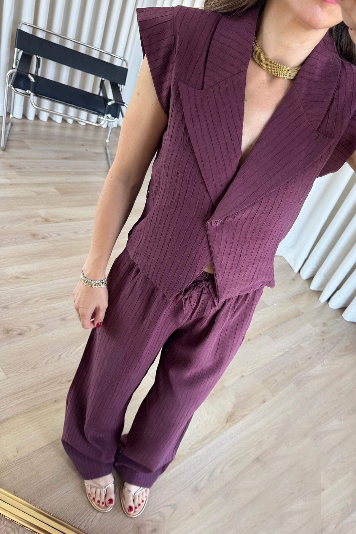 Mürdüm Kruvaze Yaka Düğmeli Bluz Pantolon Takım