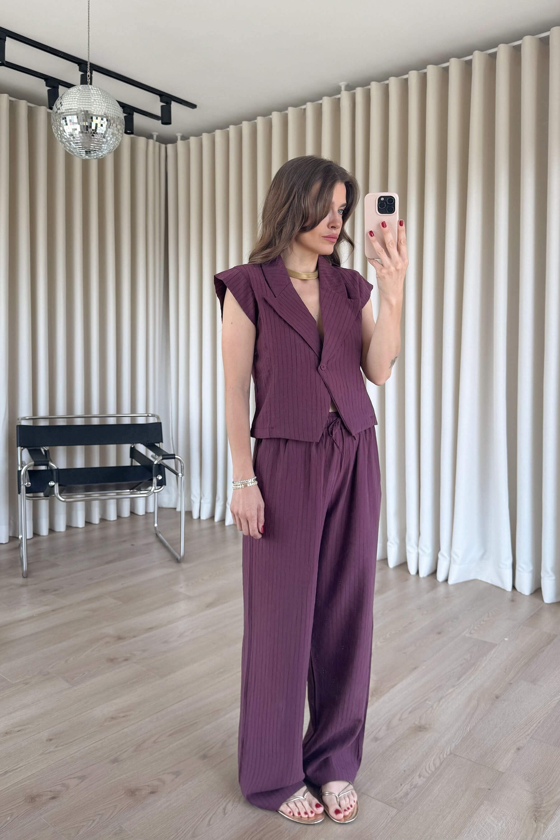 Mürdüm Kruvaze Yaka Düğmeli Bluz Pantolon Takım