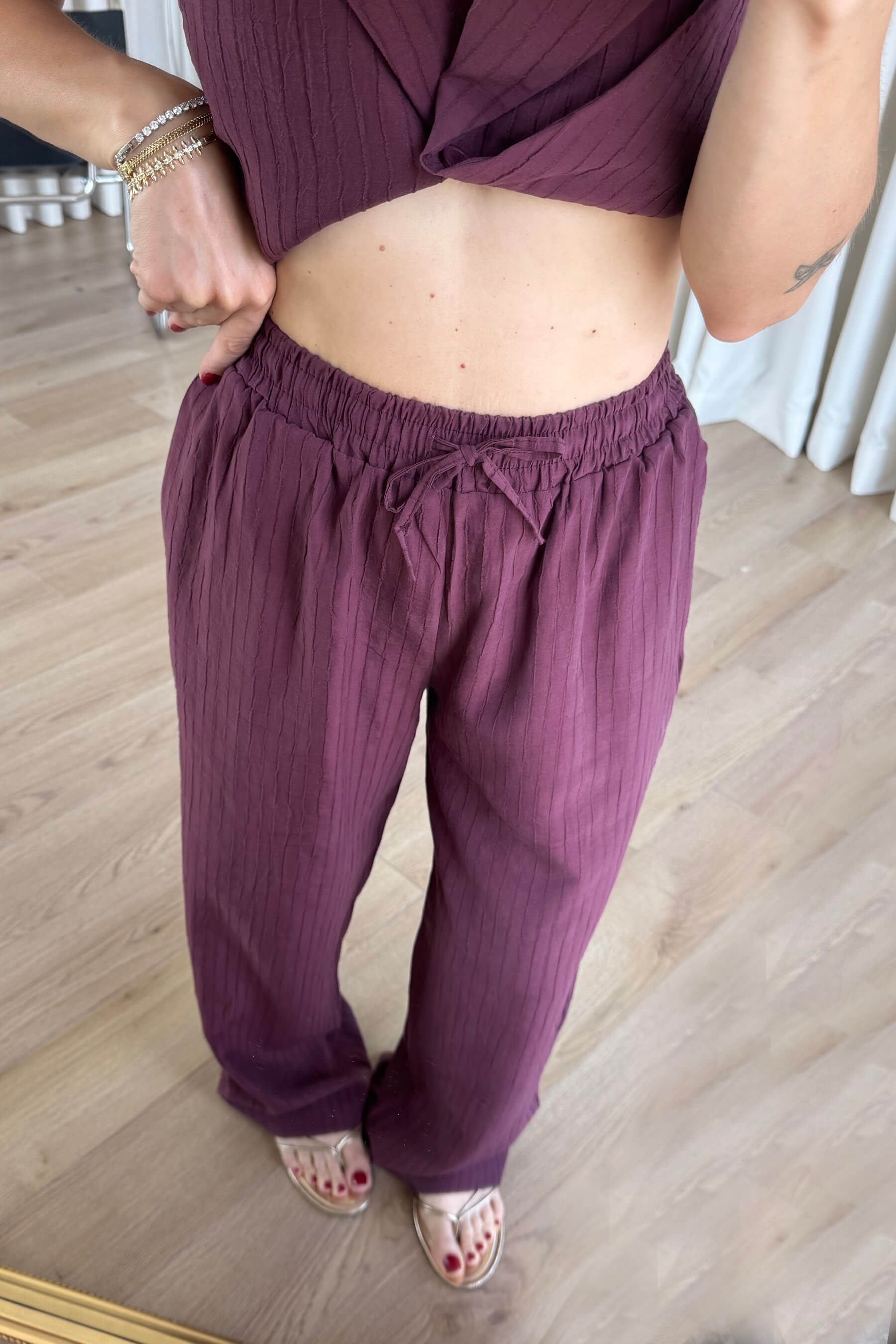 Mürdüm Kruvaze Yaka Düğmeli Bluz Pantolon Takım