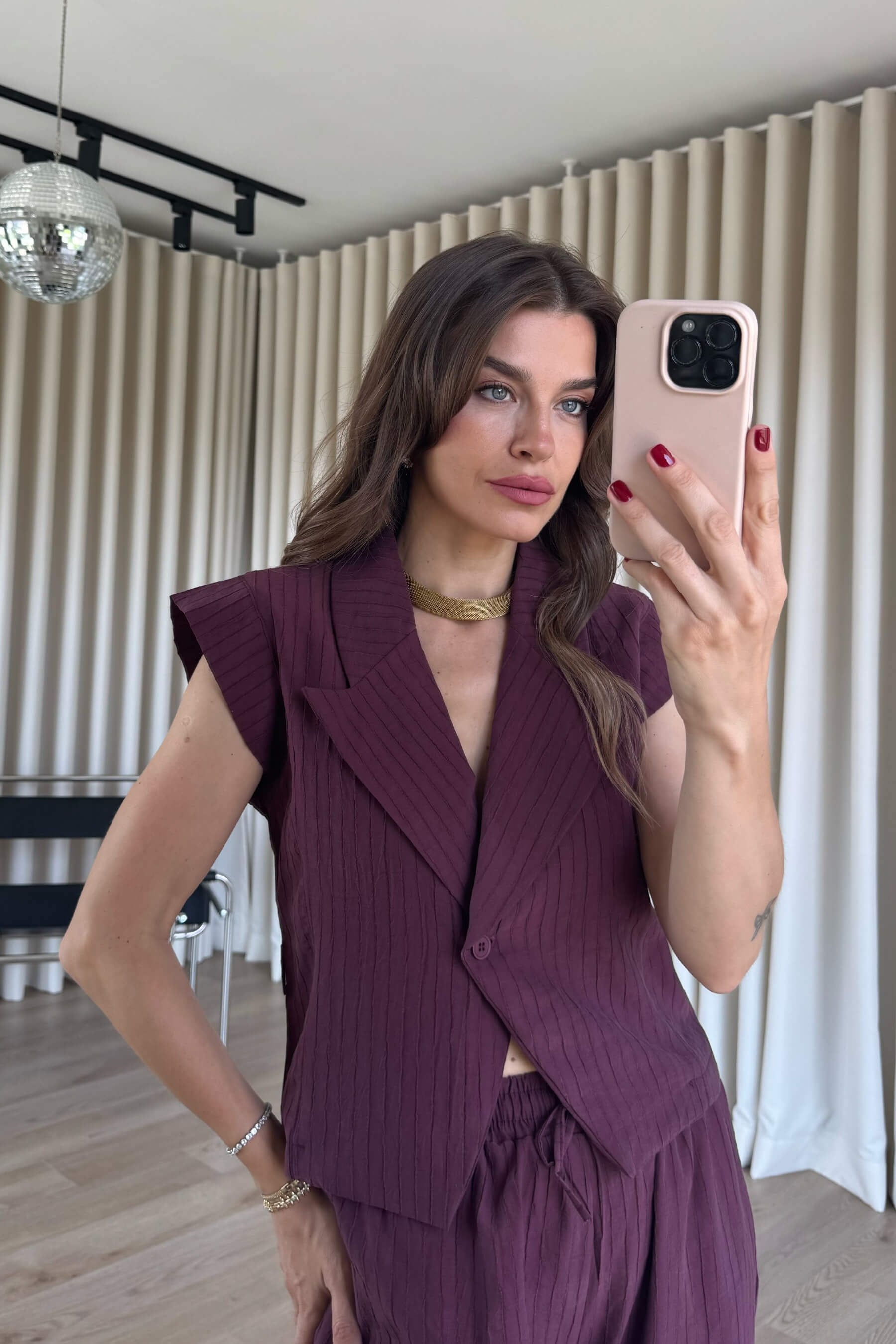 Mürdüm Kruvaze Yaka Düğmeli Bluz Pantolon Takım
