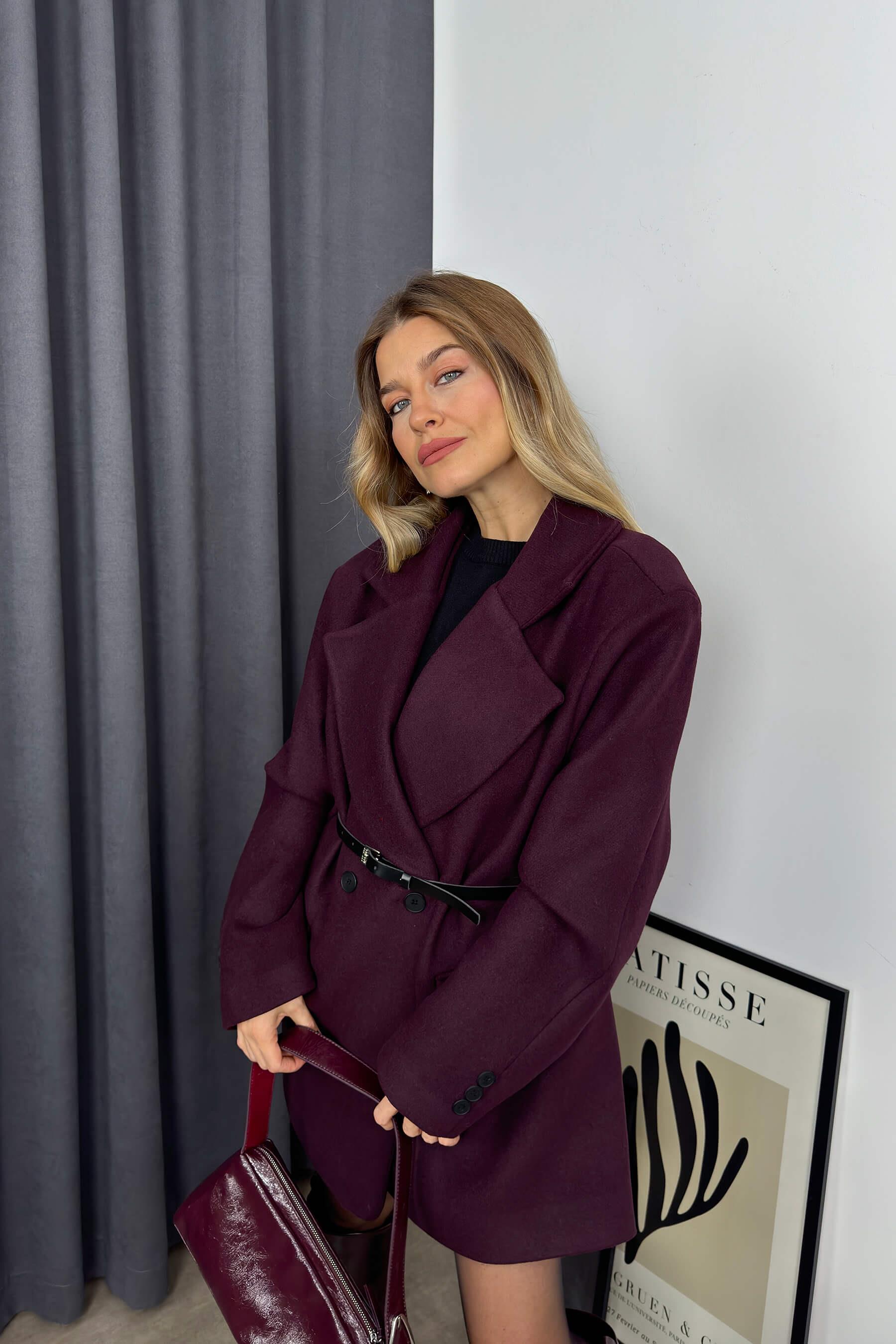 Mürdüm Kruvaze Yaka Oversize Kaşe Kaban