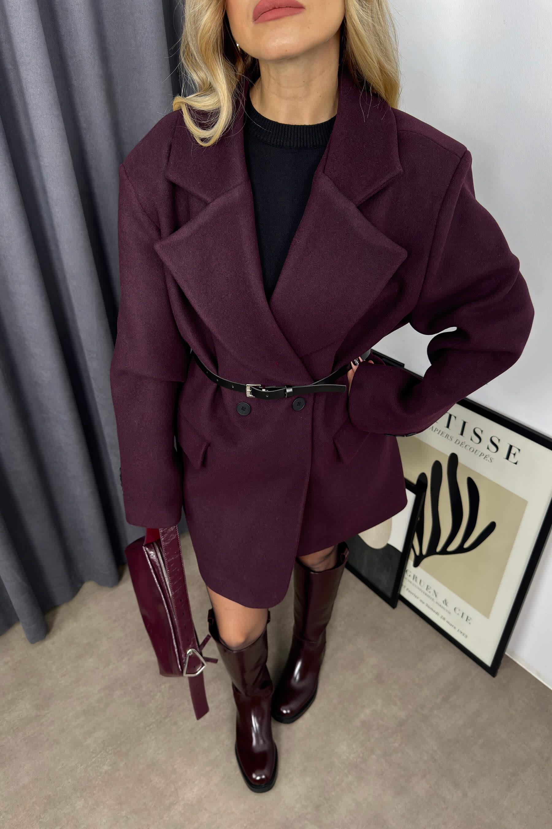 Mürdüm Kruvaze Yaka Oversize Kaşe Kaban