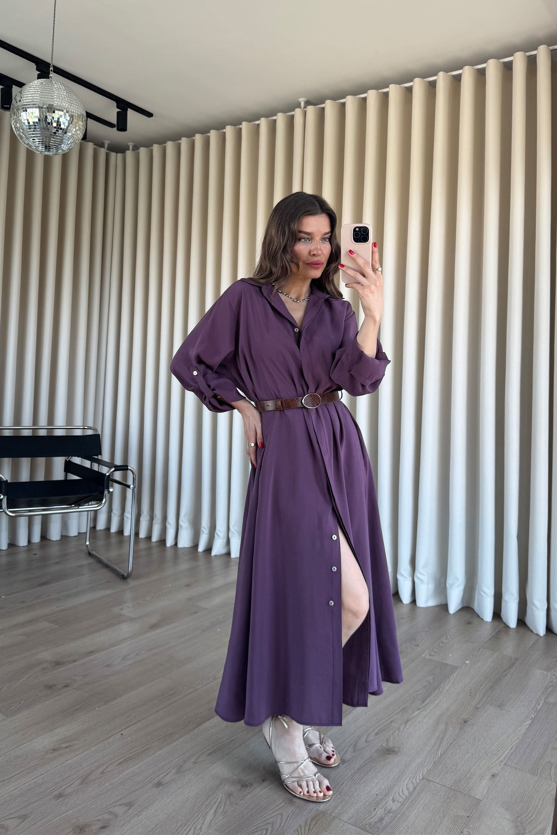 Mürdüm Oversize Kemerli Modal Gömlek Elbise