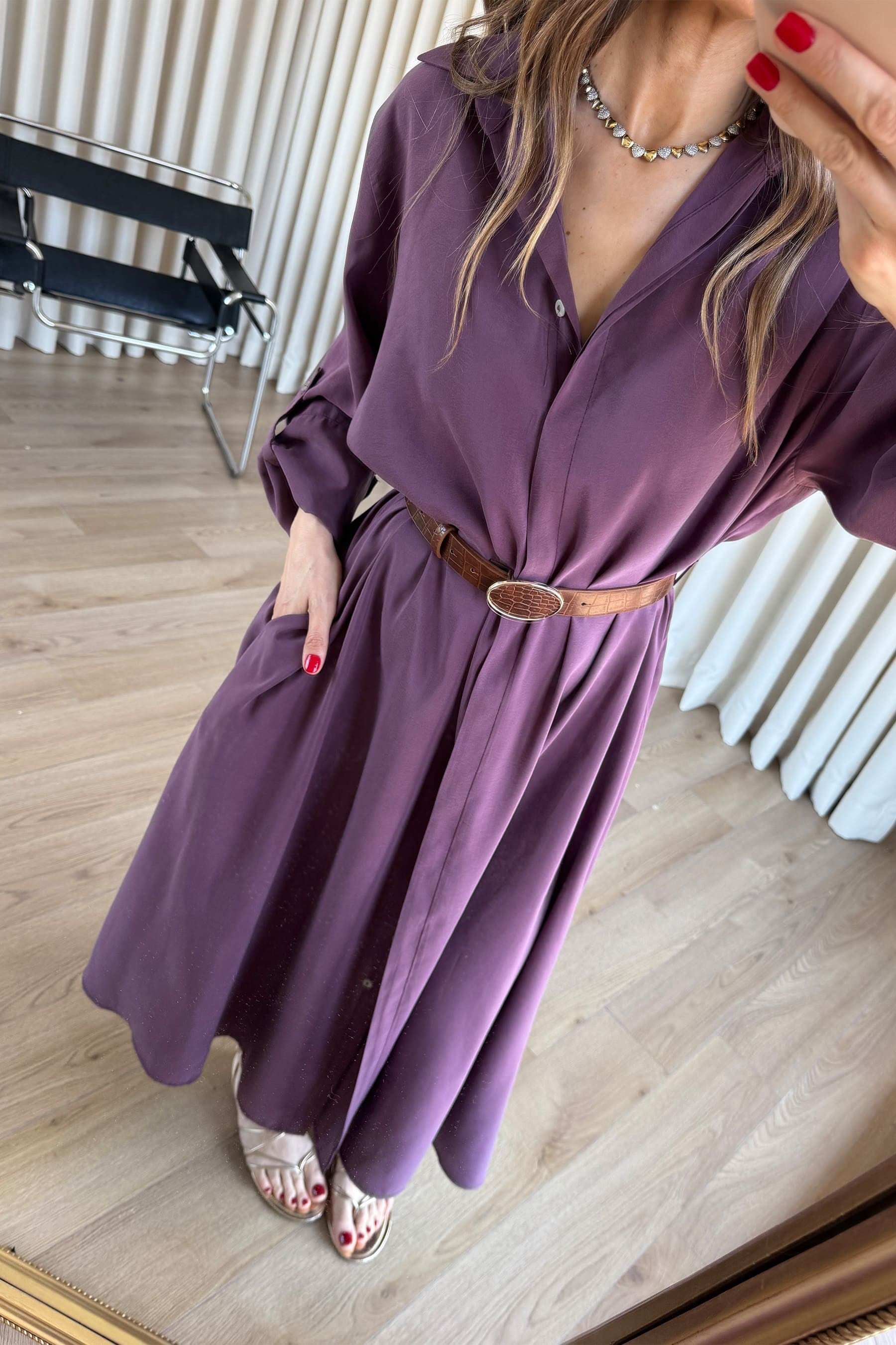 Mürdüm Oversize Kemerli Modal Gömlek Elbise