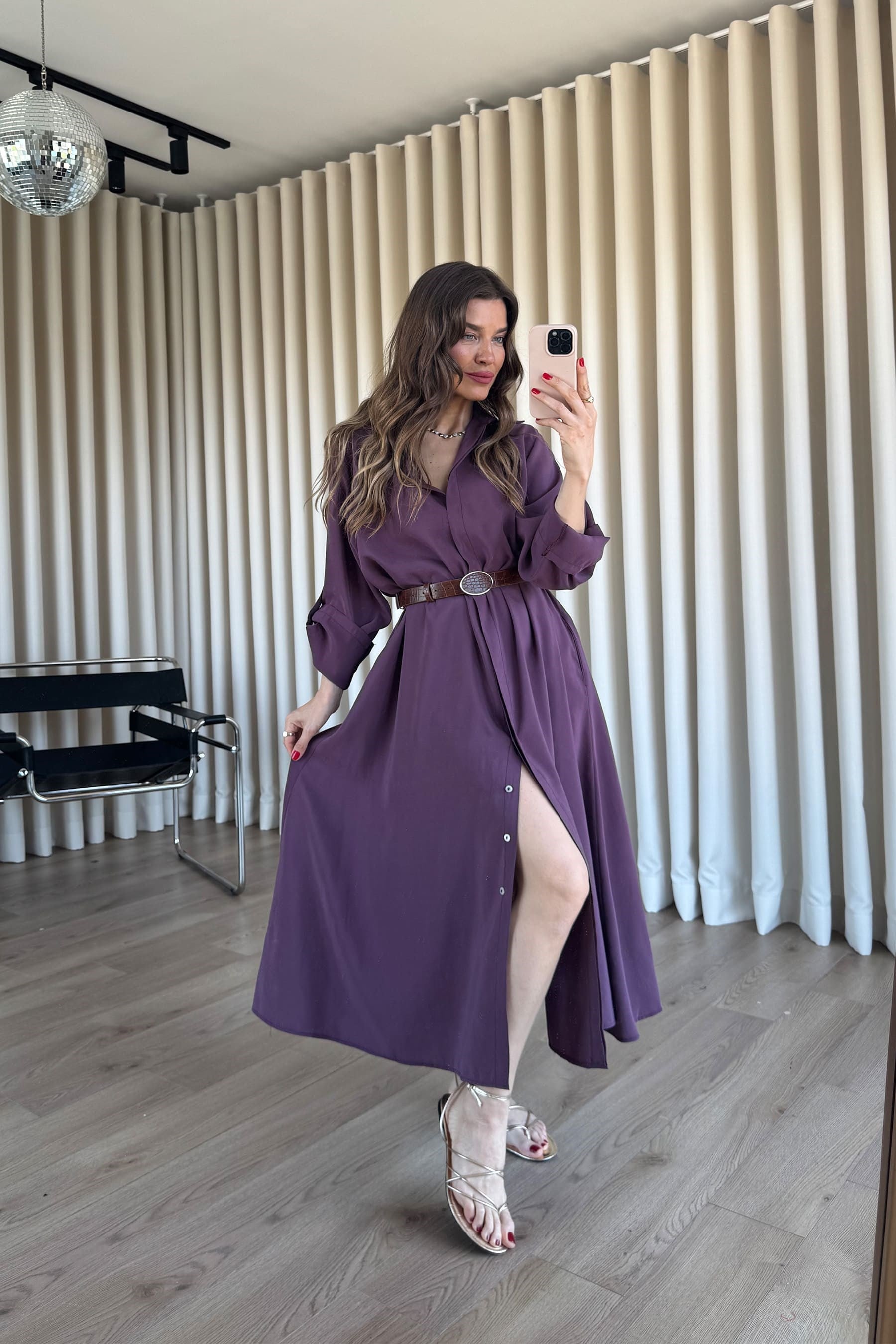 Mürdüm Oversize Kemerli Modal Gömlek Elbise