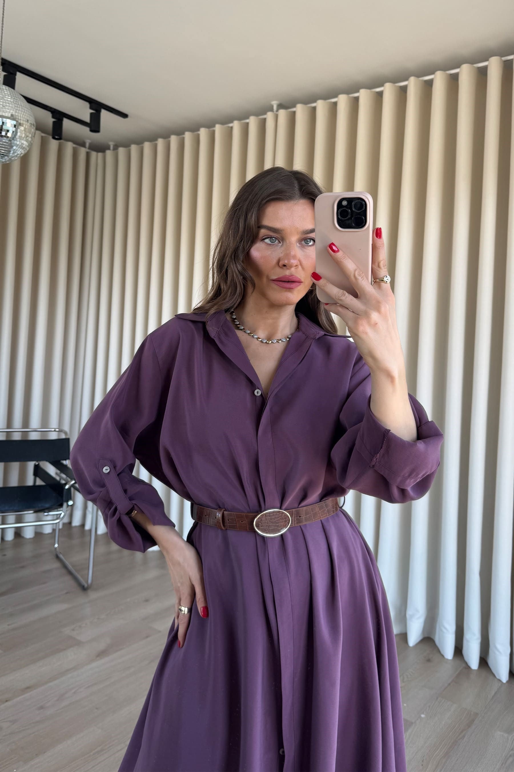 Mürdüm Oversize Kemerli Modal Gömlek Elbise