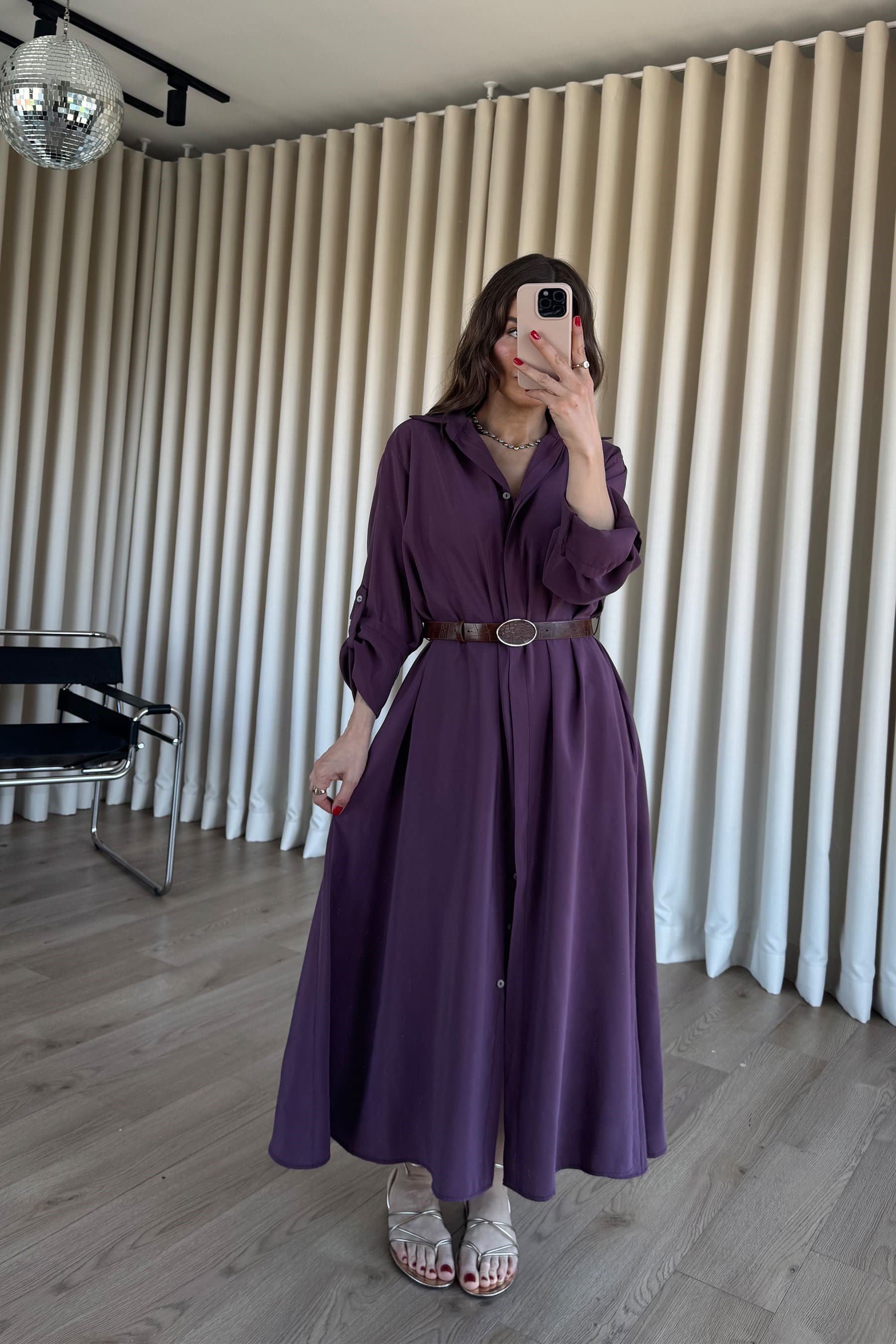 Mürdüm Oversize Kemerli Modal Gömlek Elbise