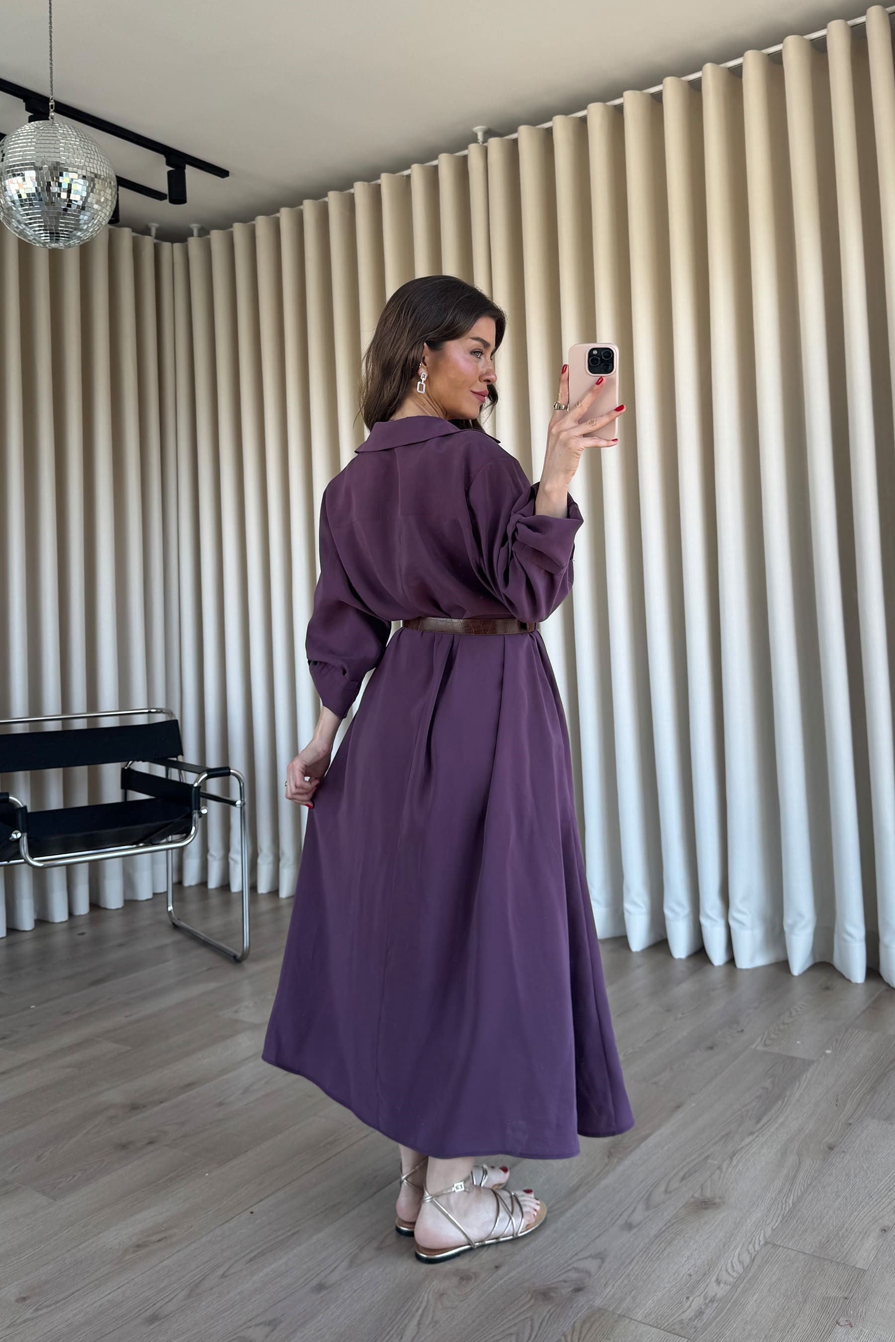 Mürdüm Oversize Kemerli Modal Gömlek Elbise