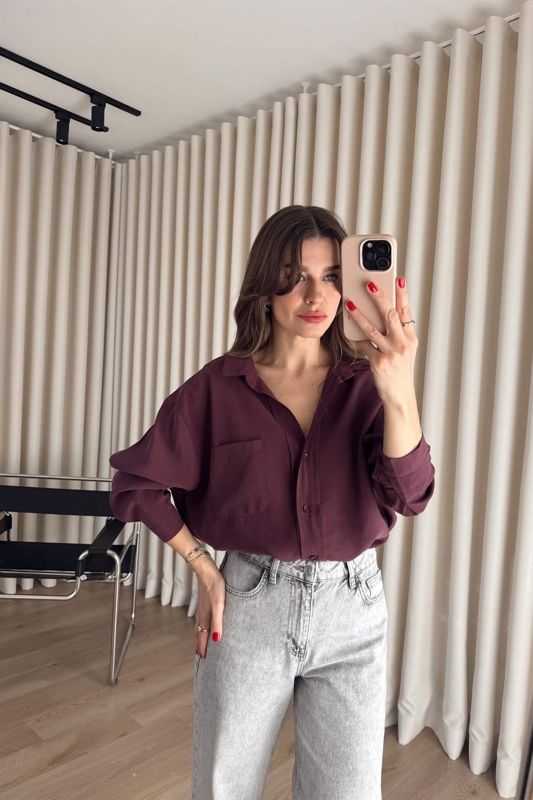Mürdüm Oversize Modal Kumaş Gömlek