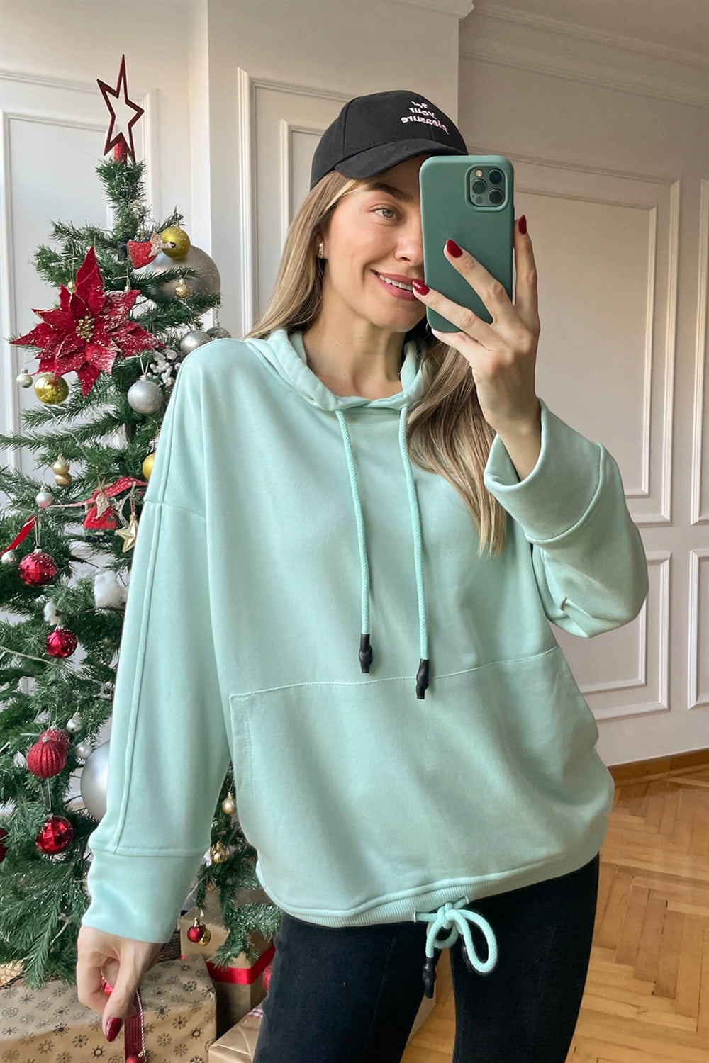 Nil Yeşili Kanguru Cepli Sweatshirt