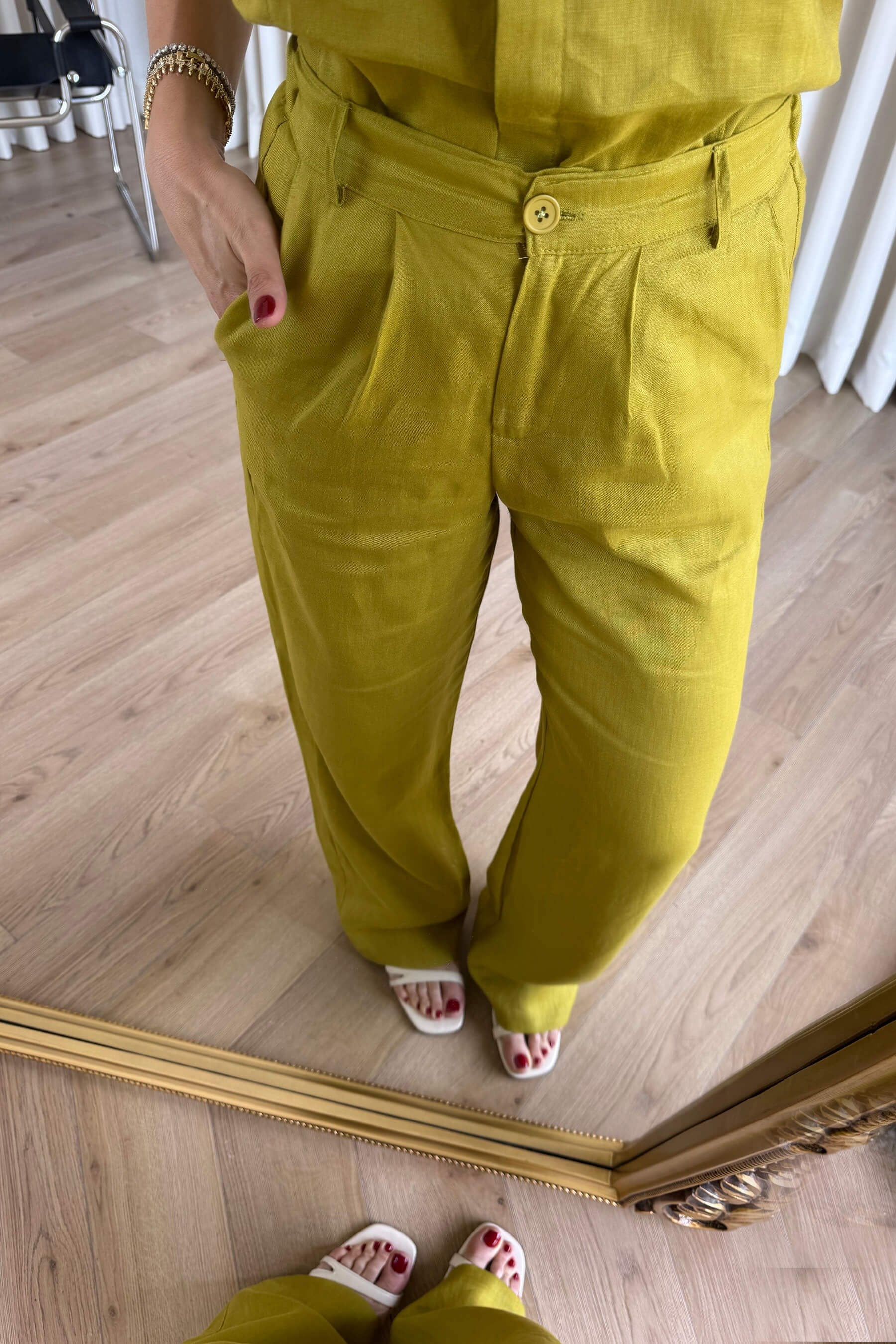 Olive Kolsuz Bluz Pantolon Keten Takım