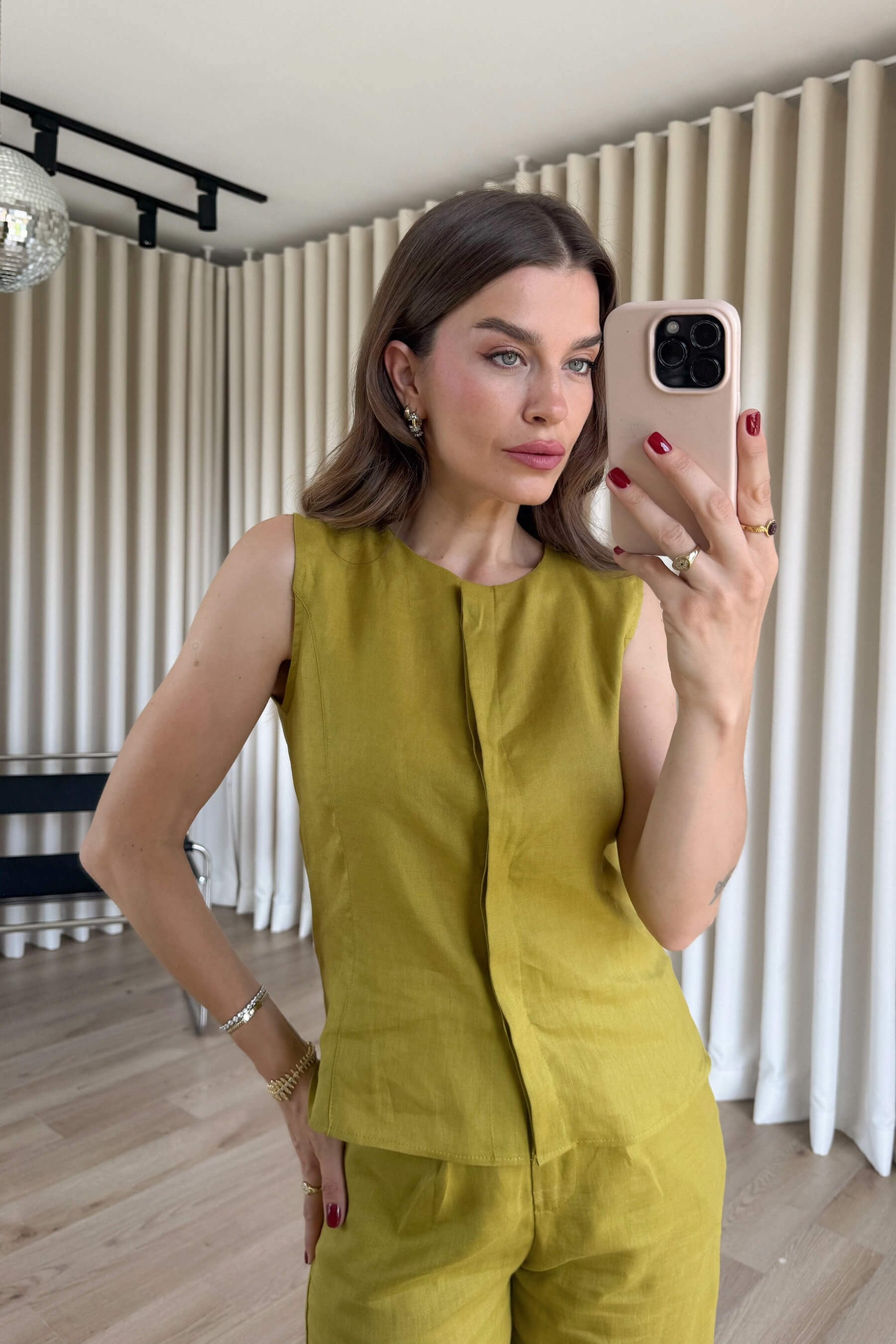 Olive Kolsuz Bluz Pantolon Keten Takım