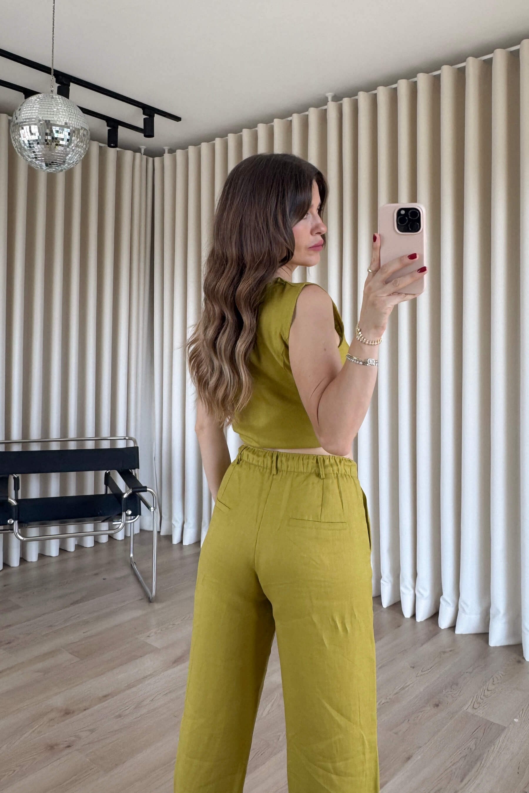 Olive Kolsuz Bluz Pantolon Keten Takım