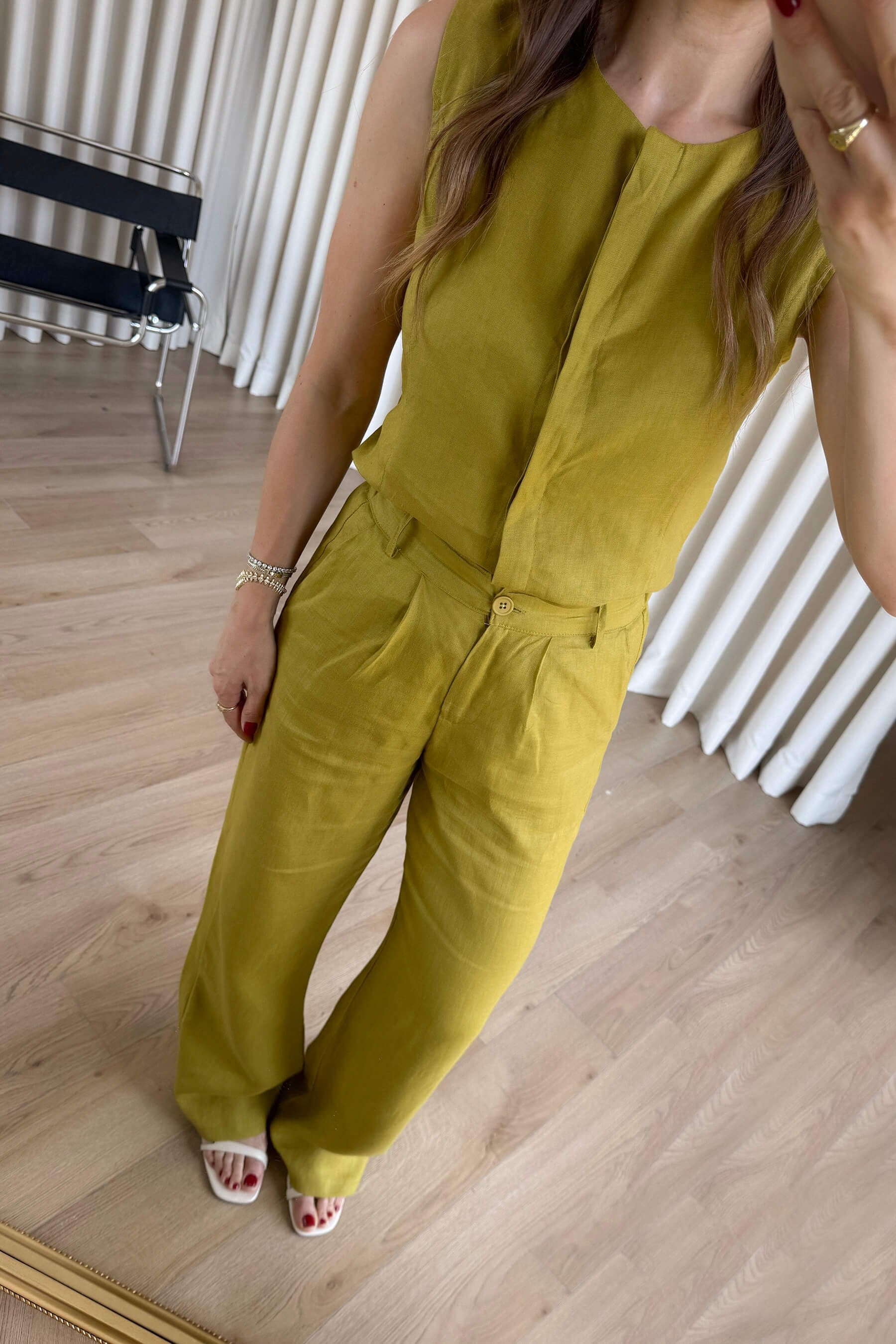Olive Kolsuz Bluz Pantolon Keten Takım