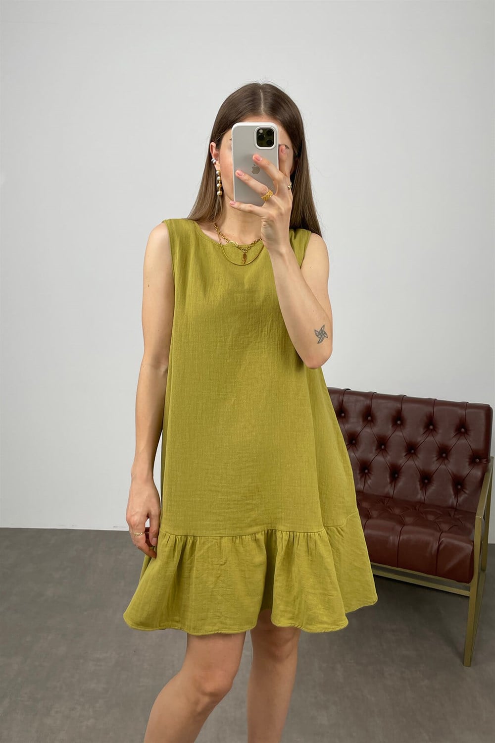 Olive Kolsuz Fırfırlı Keten Elbise