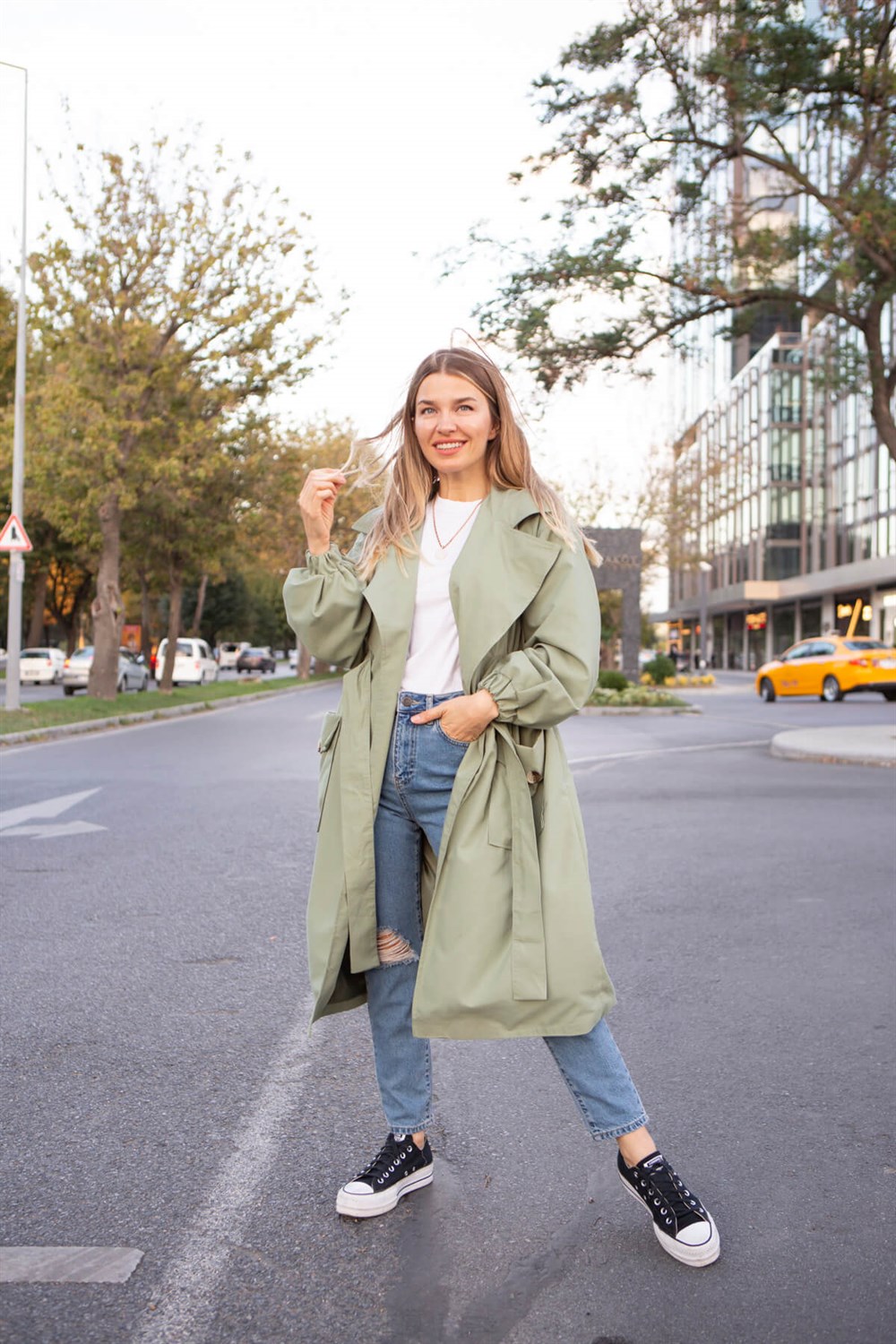 Olive Kruvaze Beli Lastikli Kemerli Astarlı Trençkot