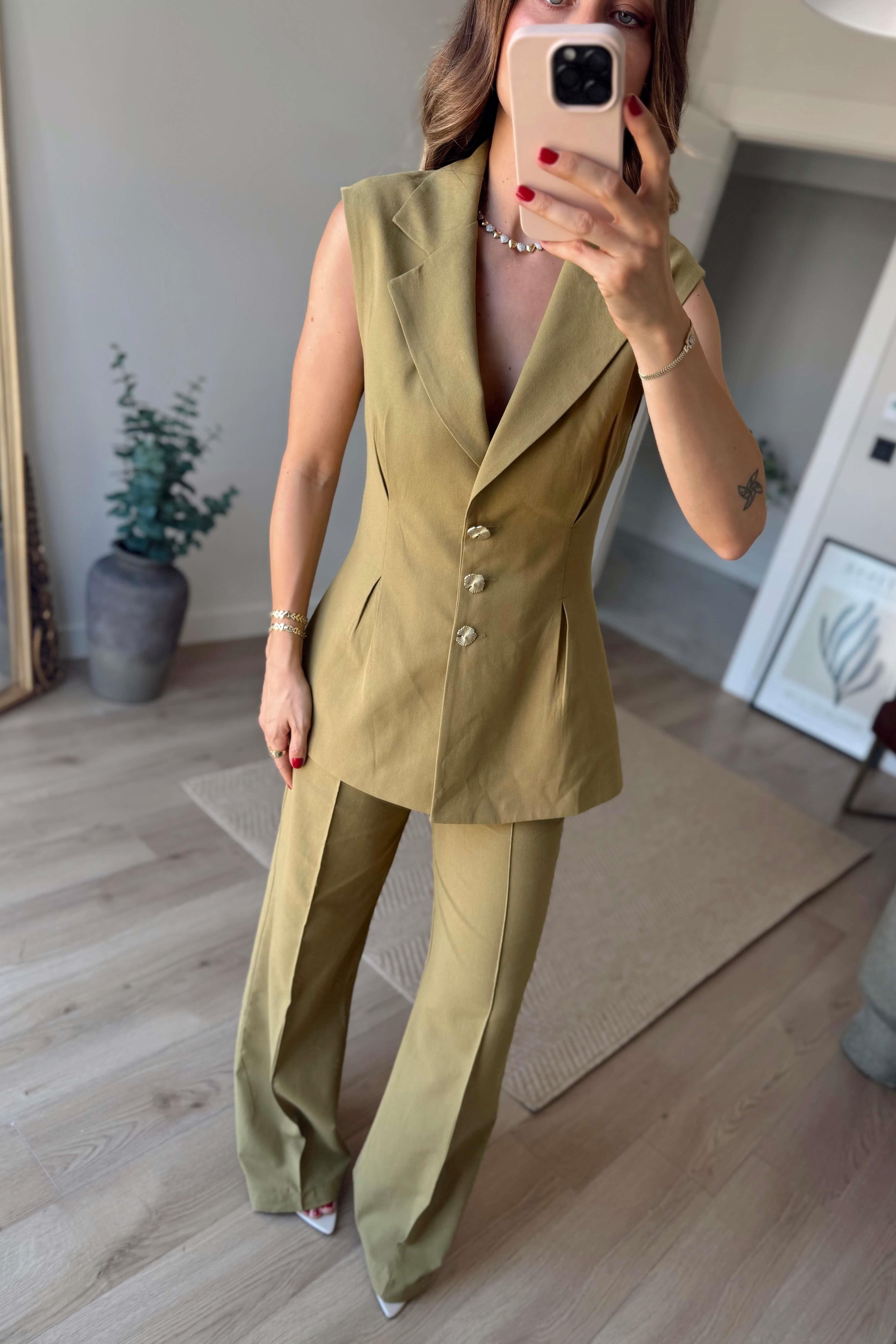Olive Pileli Düğmeli Pantolon Yelek Keten Karışımlı Takım