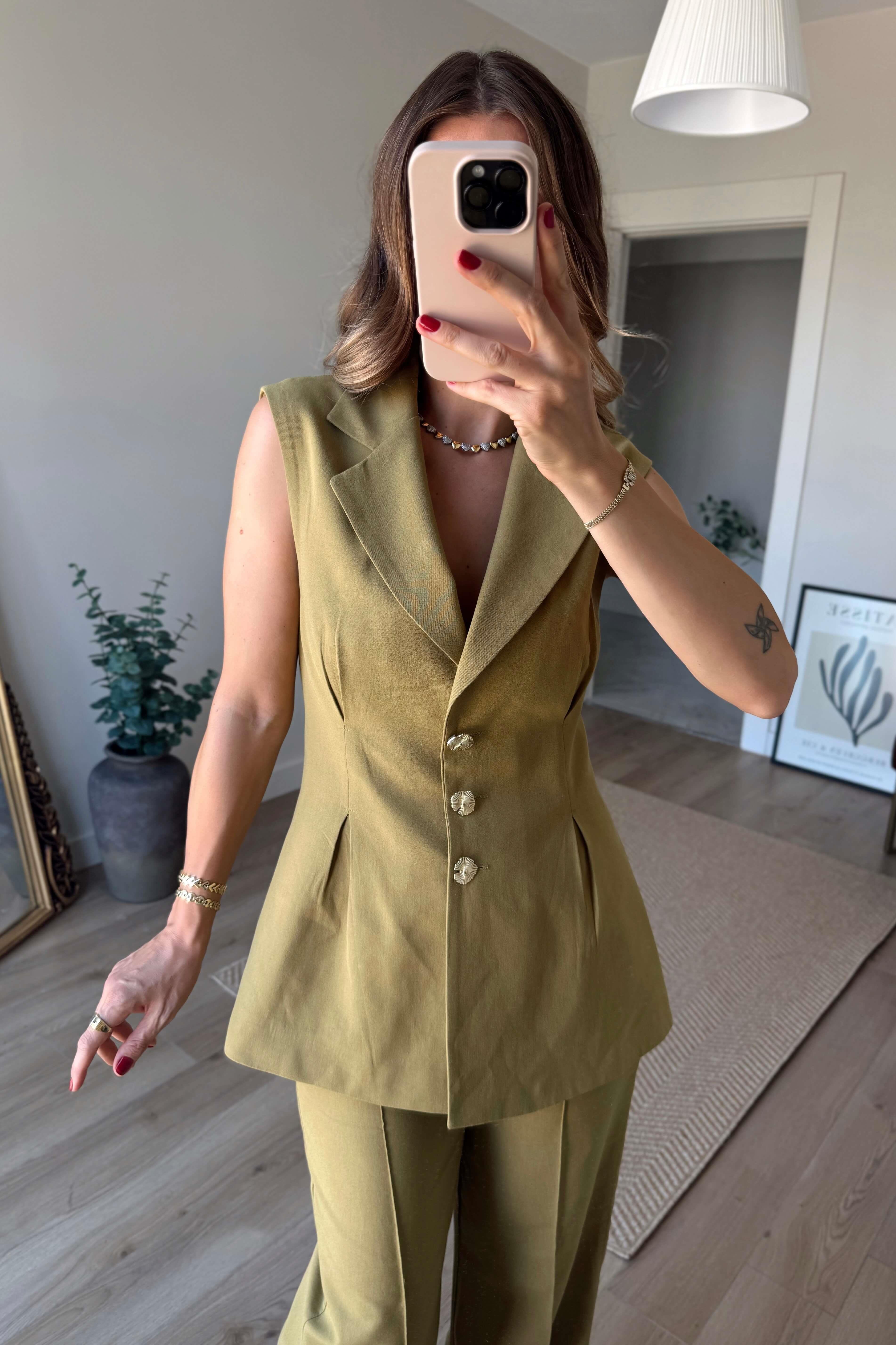 Olive Pileli Düğmeli Pantolon Yelek Keten Karışımlı Takım