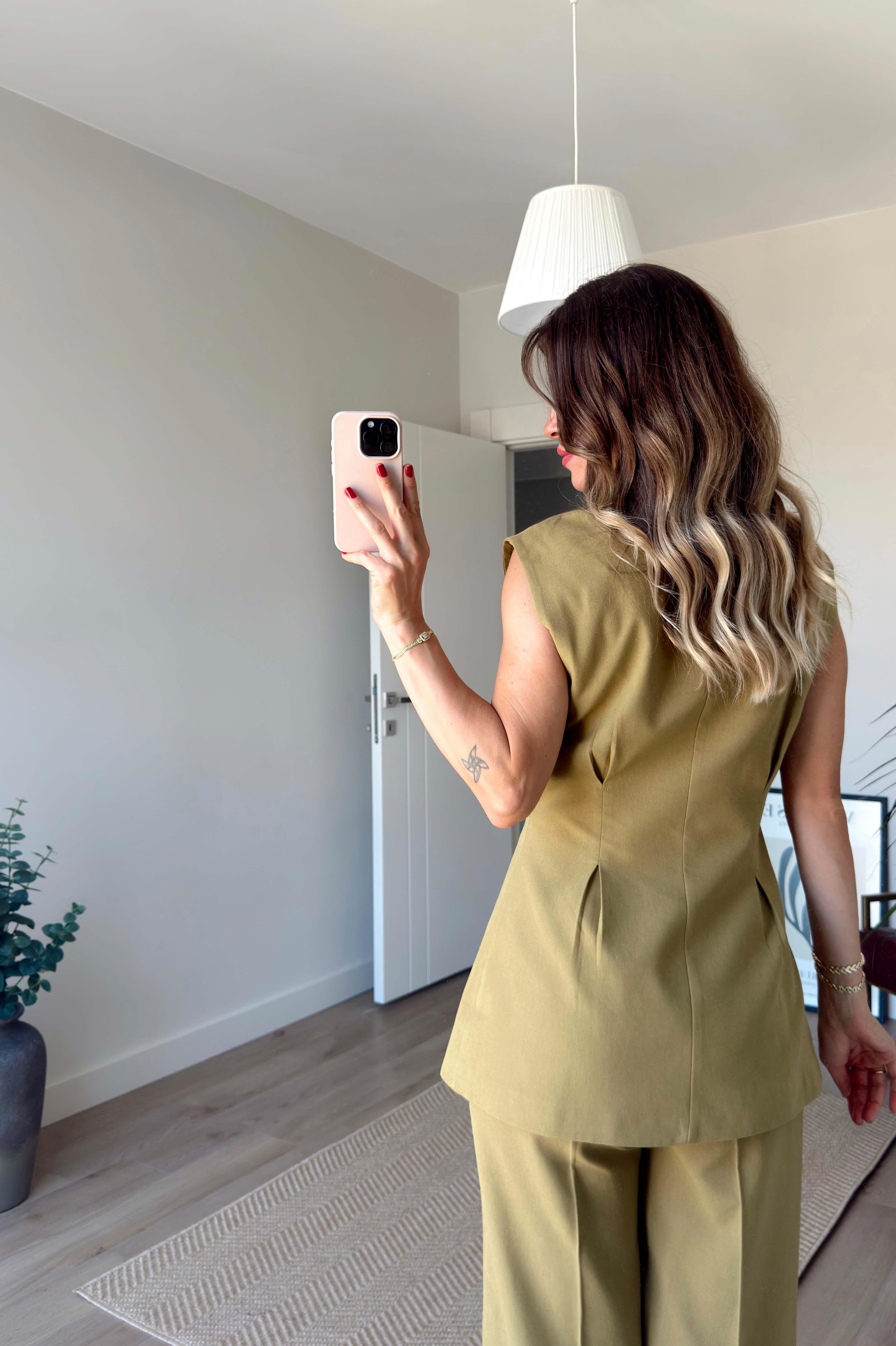 Olive Pileli Düğmeli Pantolon Yelek Keten Karışımlı Takım