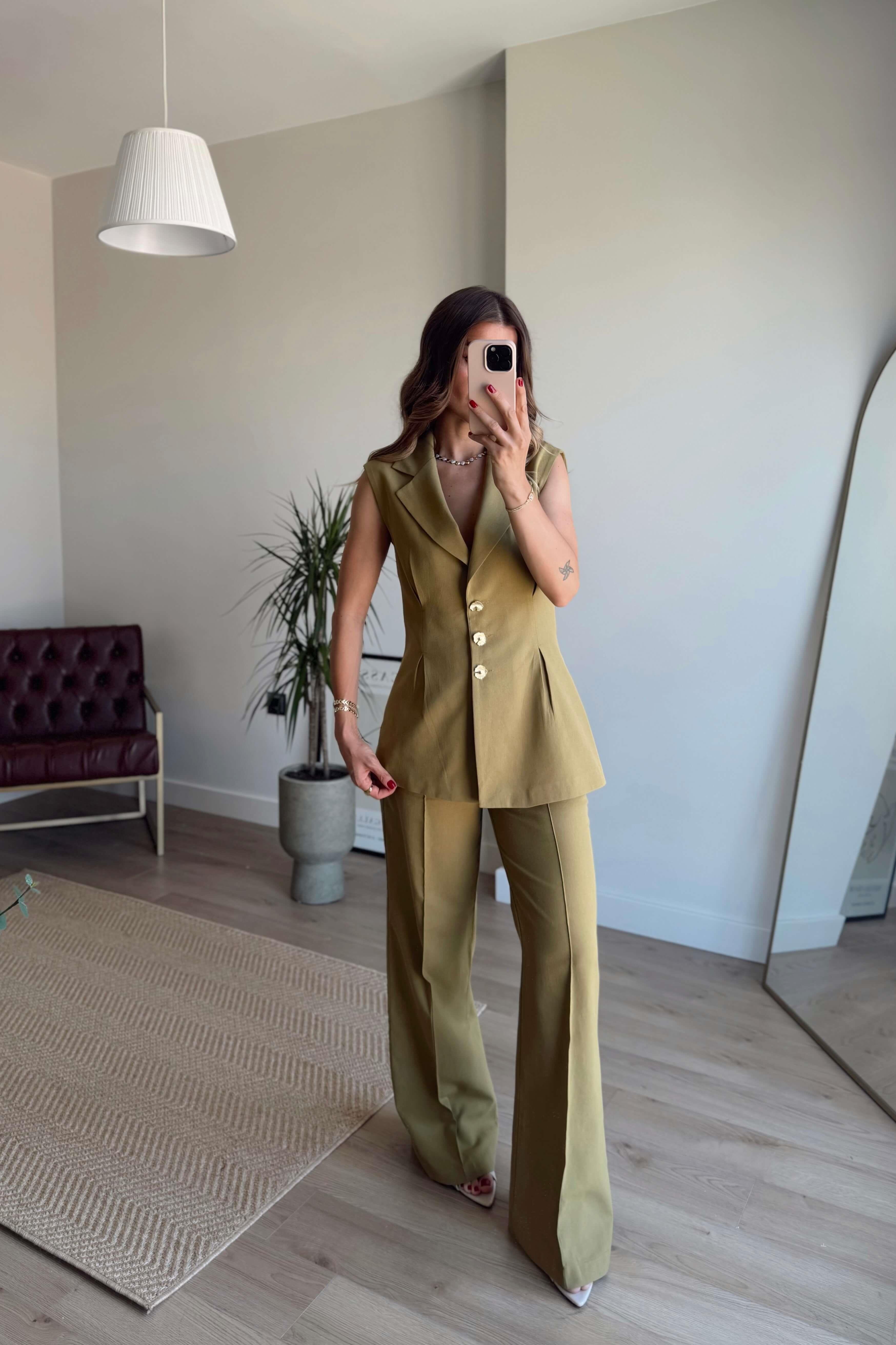 Olive Pileli Düğmeli Pantolon Yelek Keten Karışımlı Takım