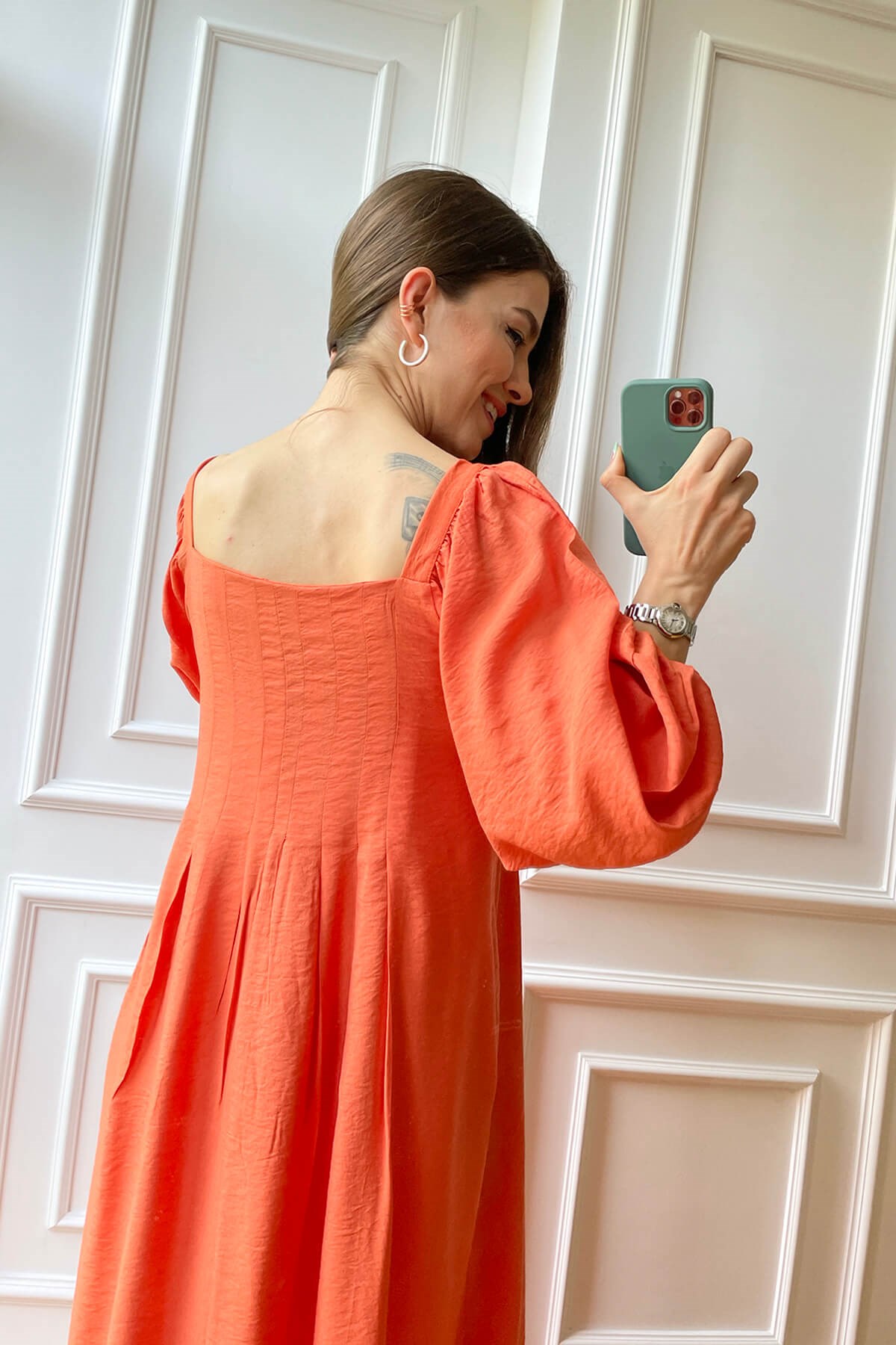 Orange Balon Kollu Pileli Elbise