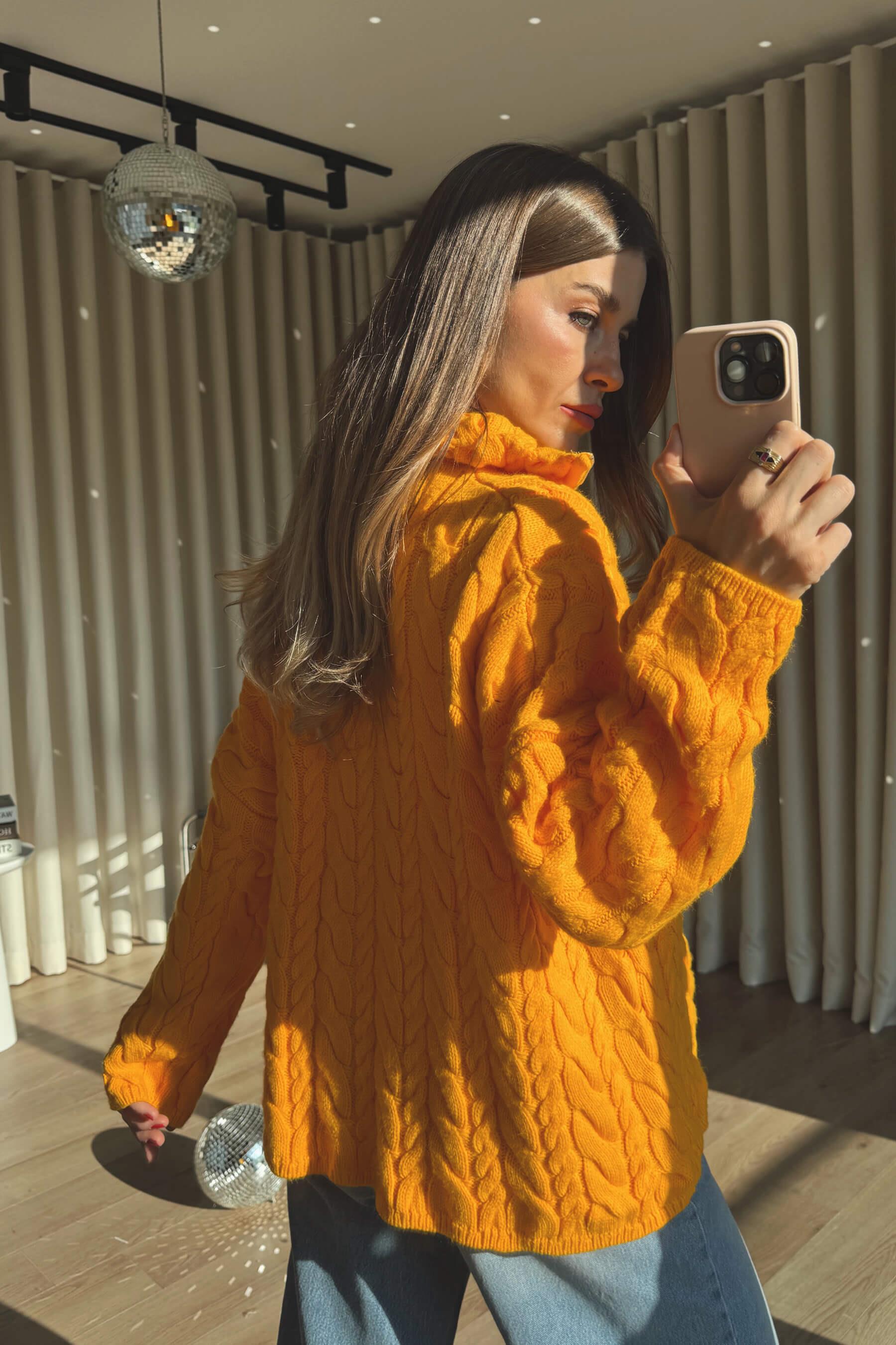 Orange Fermuarlı Saç Örgü Kazak