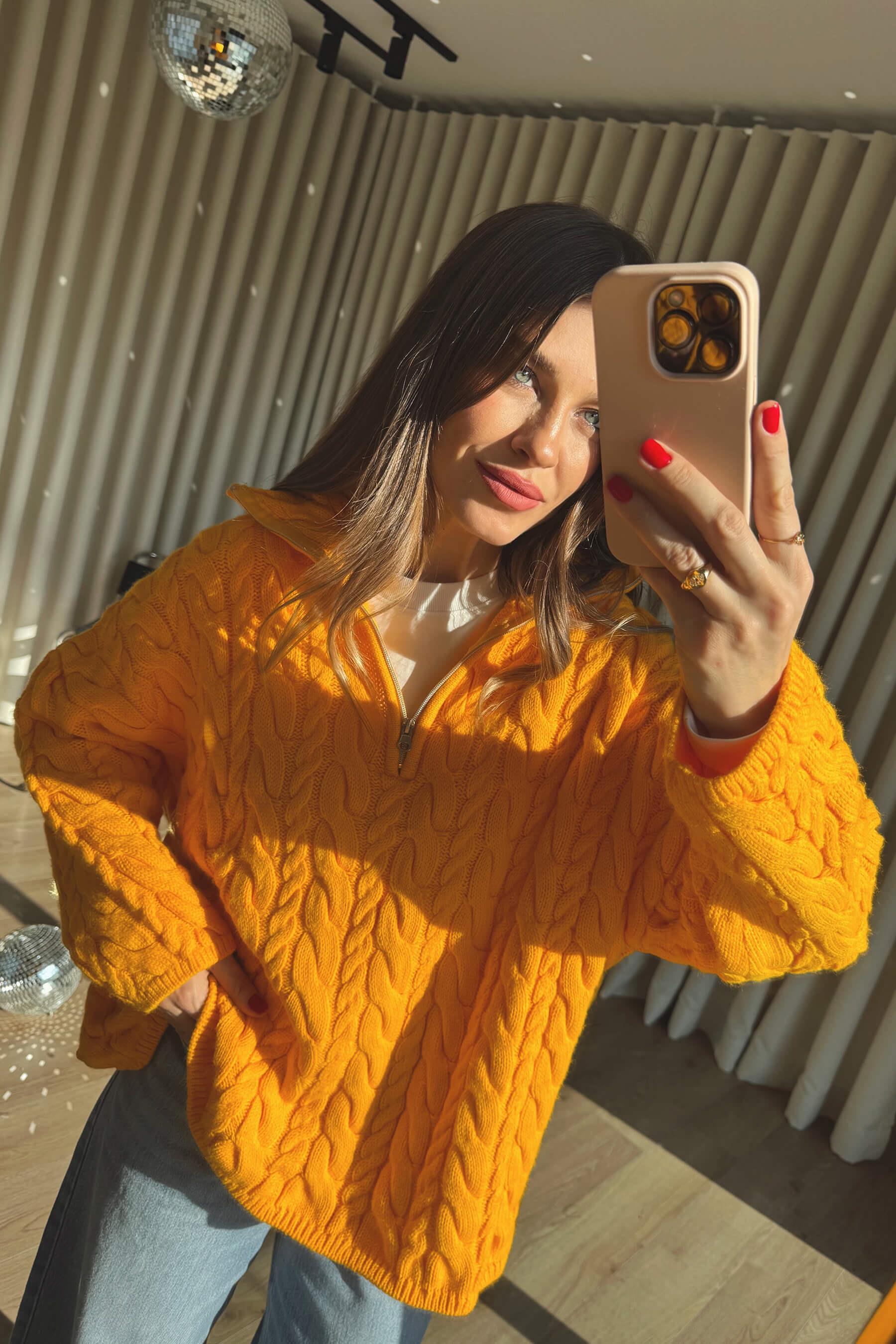 Orange Fermuarlı Saç Örgü Kazak