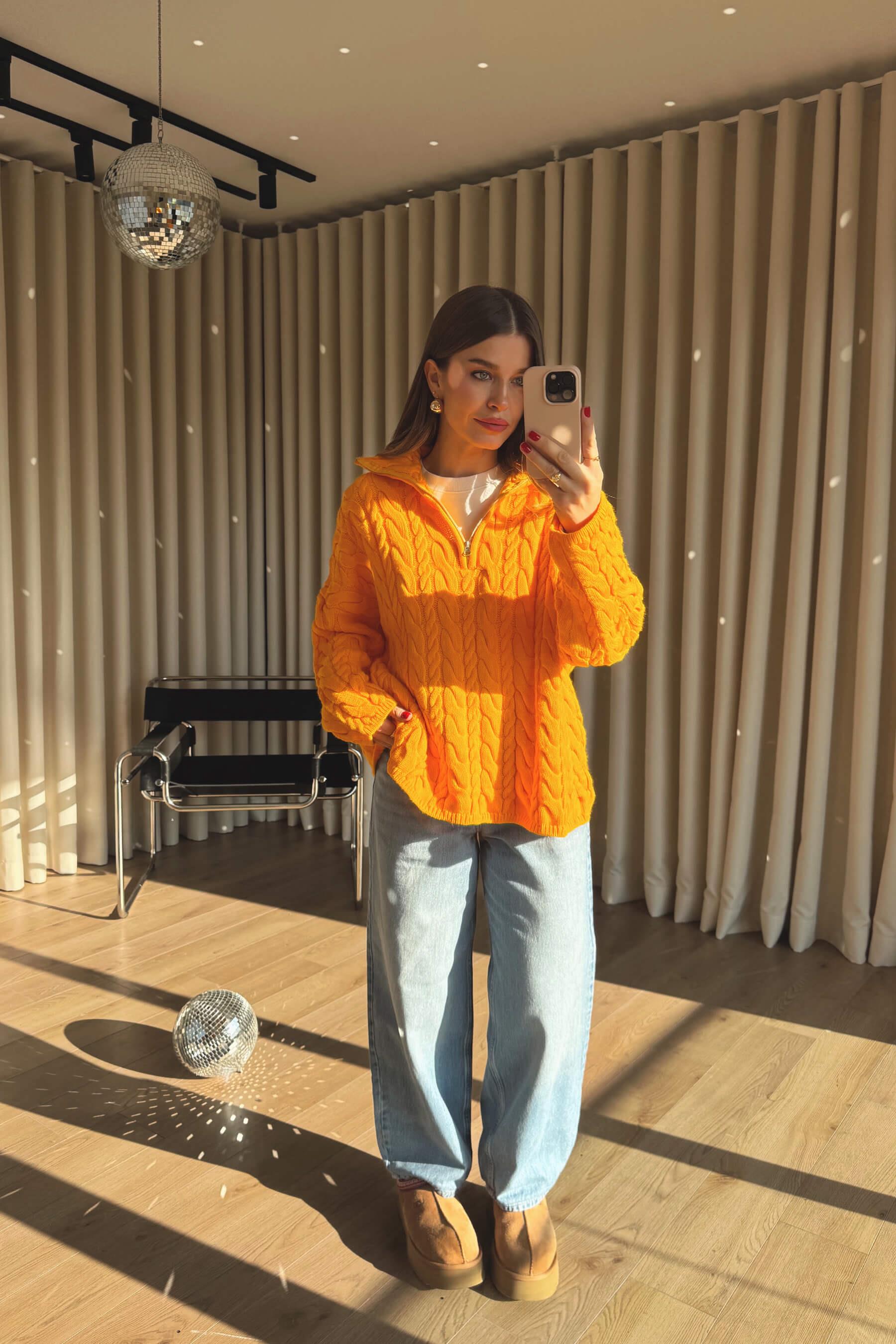 Orange Fermuarlı Saç Örgü Kazak